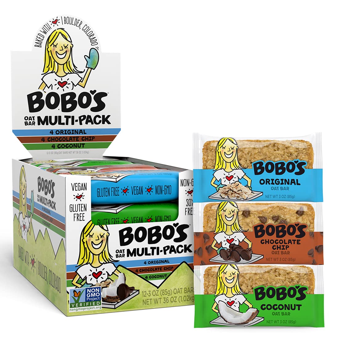 Bobos Oat Bars Variety Pack, Gluten Free Whole Grain Snack, 3 oz Bar, 12 Pack, Model 160-D