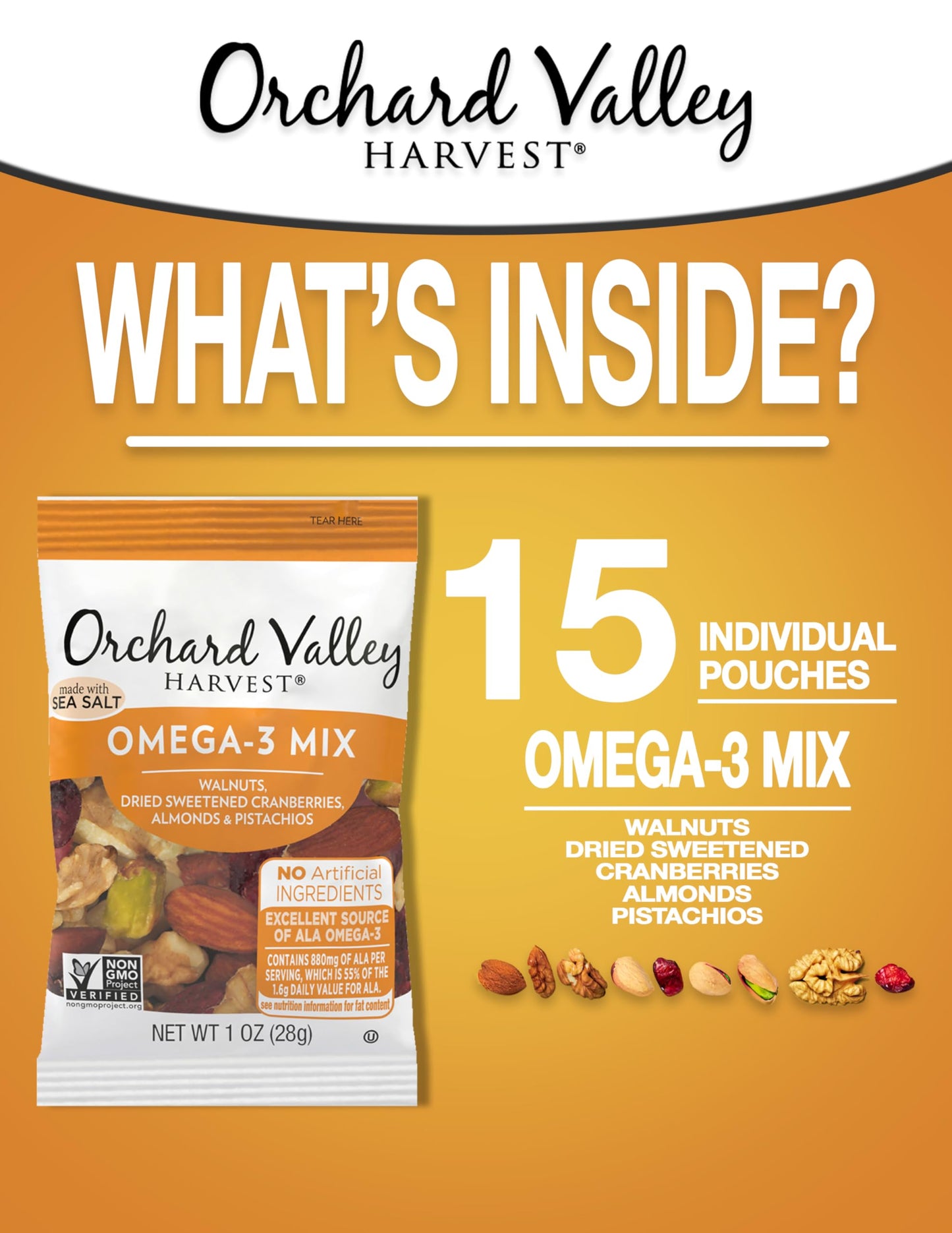 Orchard Valley Harvest Omega-3 Mix, 1 Ounce Bags (Pack Of 15), Walnuts, Cranberries, Almonds, And Pistachios, Gluten Free, Non-G