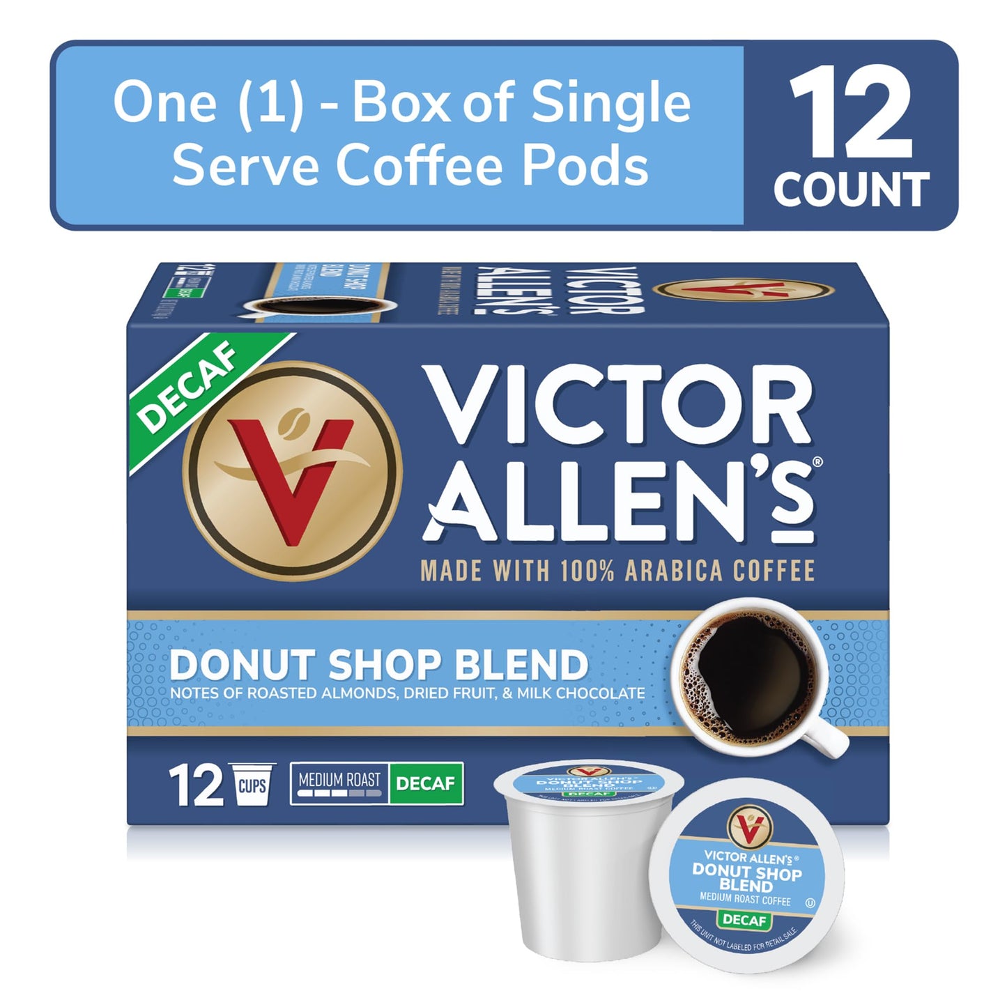 Victor Allens Coffee Decaf Donut Shop Medium Roast Single Serve Pods, 12 Count, Brown