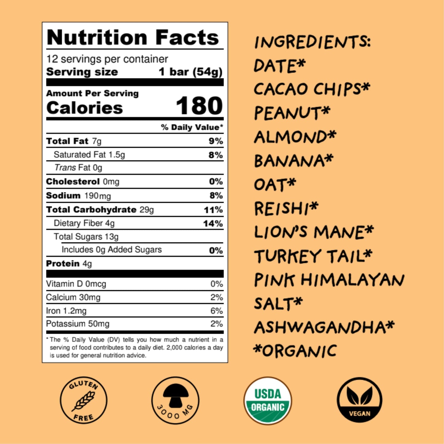 Wise Bar Adaptogen Mushroom Nutrition Bars With Reishi, Lions Mane & Ashwagandha, Organic Vegan & Gluten Free Snacks For Natural Focus, Energy & Immunity Support, Peanut Butter Banana, 12 Count