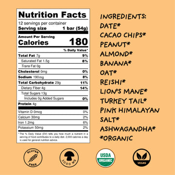 Wise Bar Adaptogen Mushroom Nutrition Bars With Reishi, Lions Mane & Ashwagandha, Organic Vegan & Gluten Free Snacks For Natural Focus, Energy & Immunity Support, Peanut Butter Banana, 12 Count