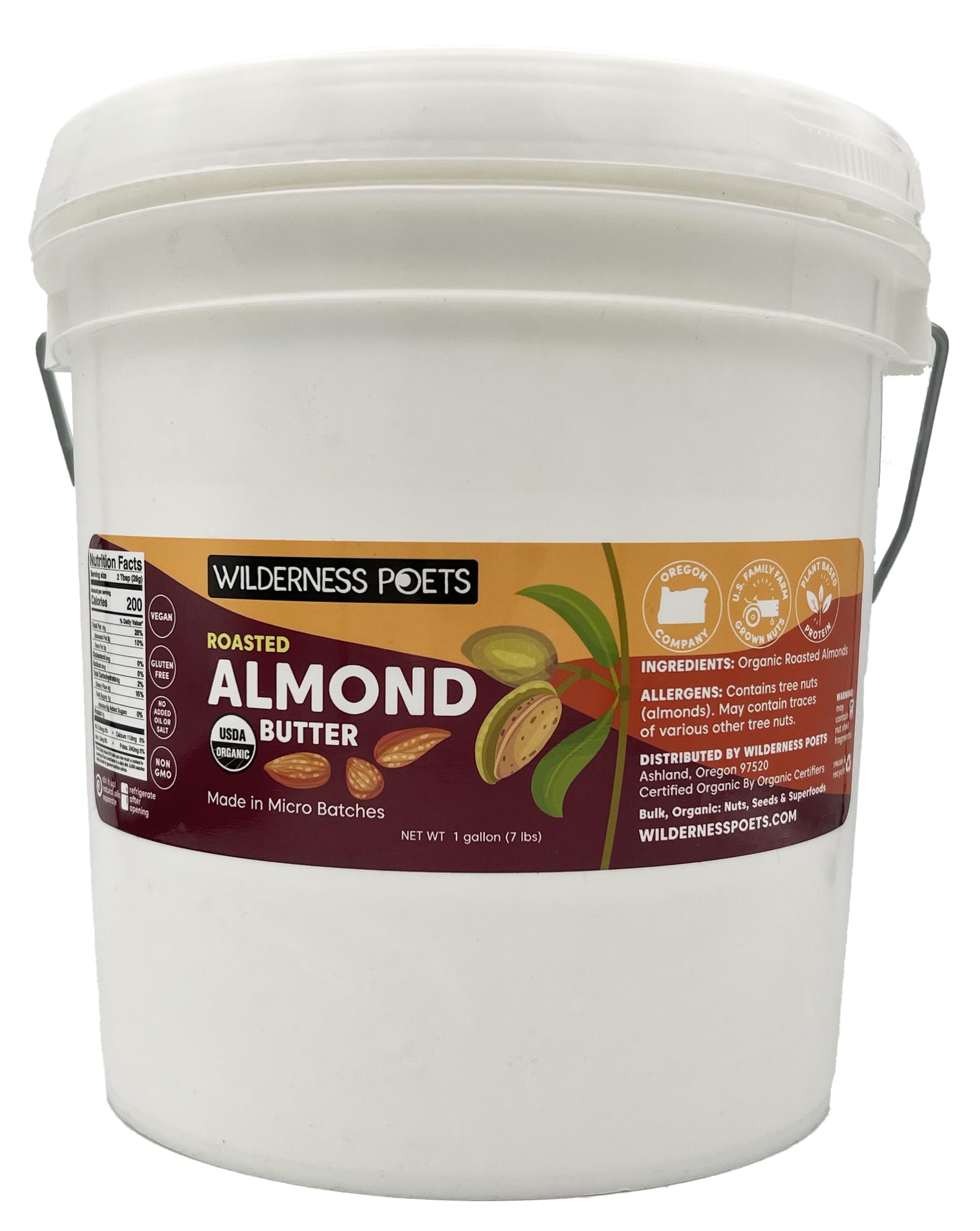 Wilderness Poets, Roasted Almond Butter - Organic, Smooth, Creamy, No Salt, Unsweetened Nut Butter - Bulk Size (7 Pound - 1 Gall