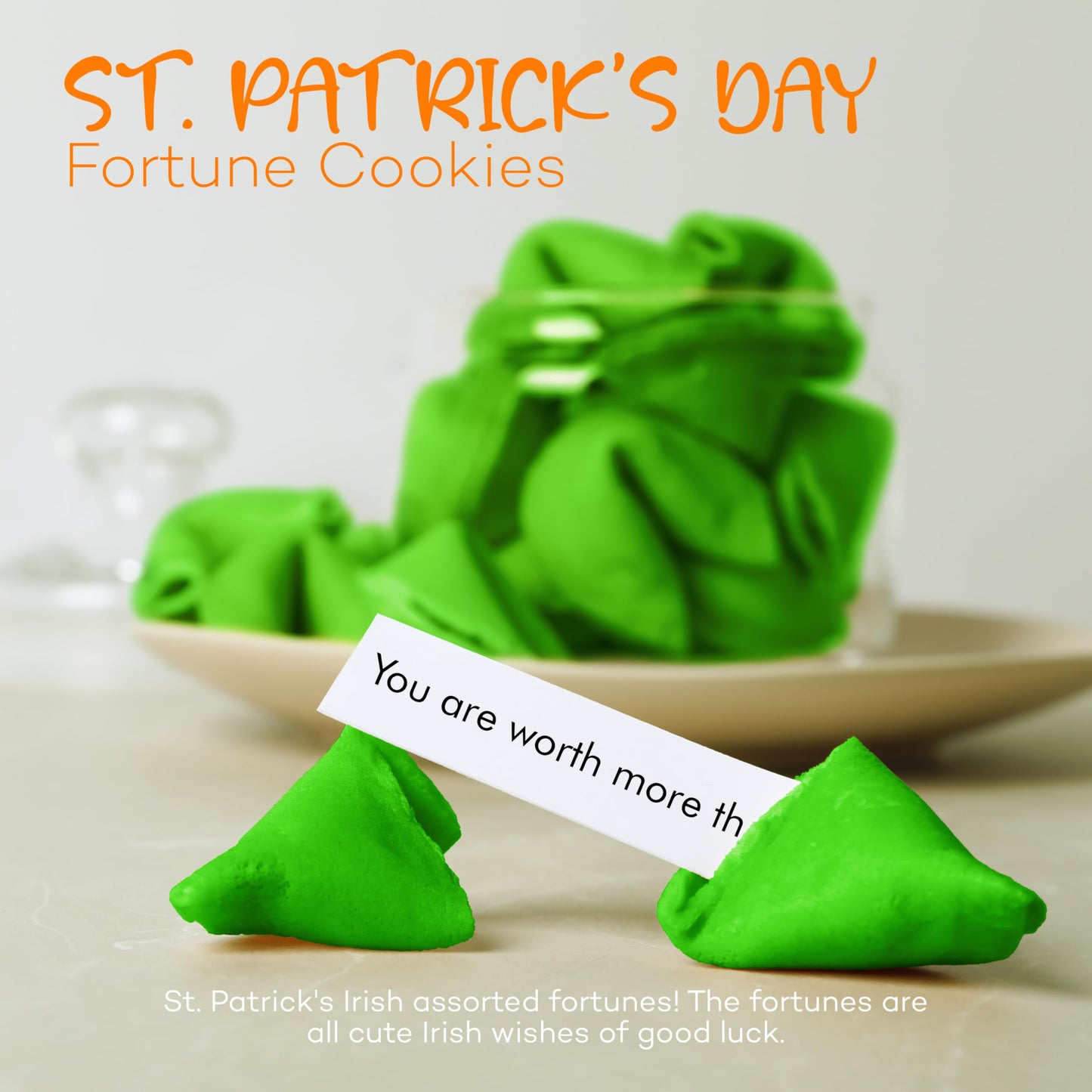 St Patricks Day Fortune cookies (50 Individually Wrapped) green With Irish Themed Sayings Party Favors & Treats by 4Es Novelty