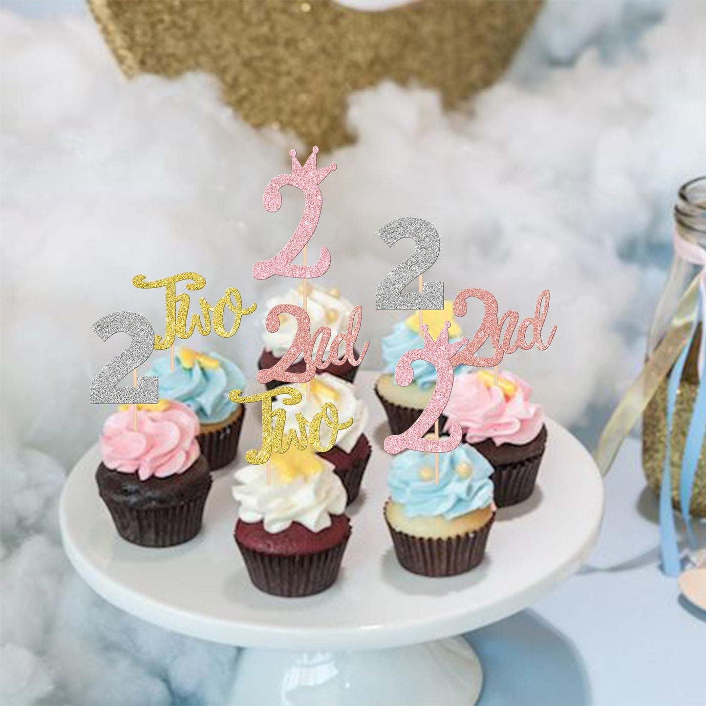 24 Pcs Two Cupcake Toppers Glitter Crown Two 2Nd Birthday Cupcake Picks Number 2 Two Cake Picks For Baby Shower Kids Second Birt