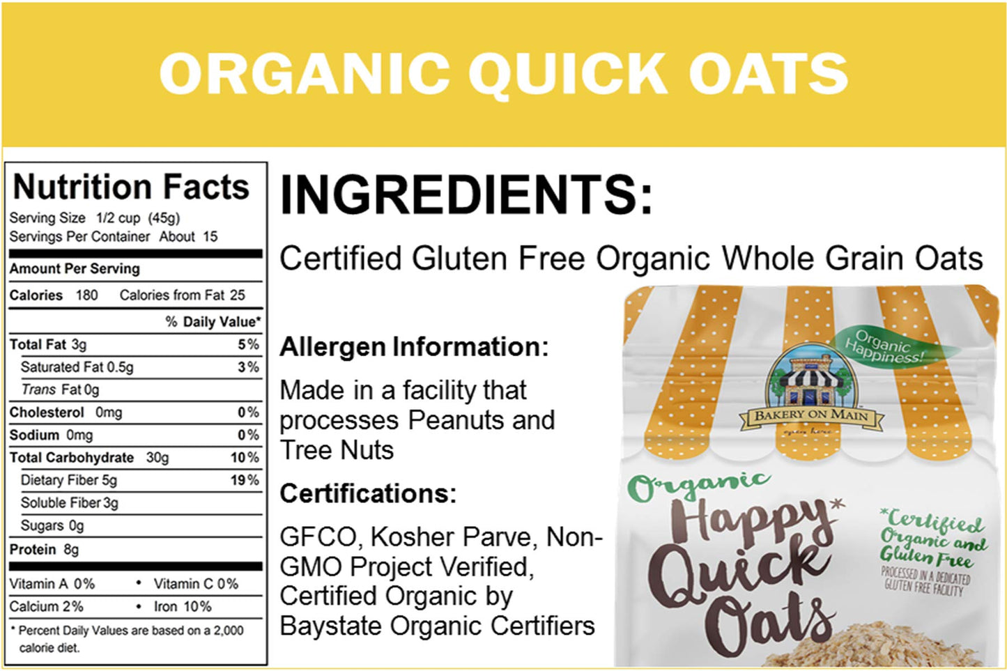 Bakery On Main Organic Oats - Gluten Free Organic Quick Oats - Non-Gmo, Preservative-Free Organic Quick Oats For Breakfast, Baking - 24Oz Bag (Pack Of 2)