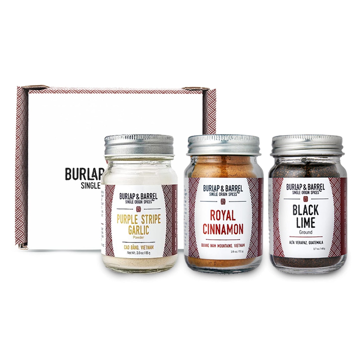 Burlap & Barrel Spice Gift Set – 3 Full-Size Jars (2.6 Oz Each) – Includes Cinnamon, Garlic & Lime Seasonings