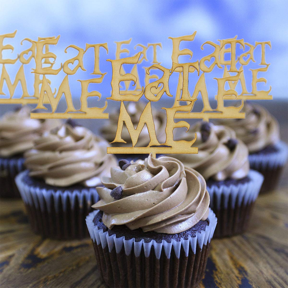Summer-Ray 50Pcs Wooden Eat Me Cupcake Topper Alice In The Wonderland Cupcake Topper