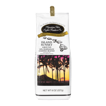 Hawaiian Isles Coffee Island Sunset, Dark Roast Ground Coffee,10% Hawaiian Coffee Blend, Roasted With Aloha - 8 Ounce Bag