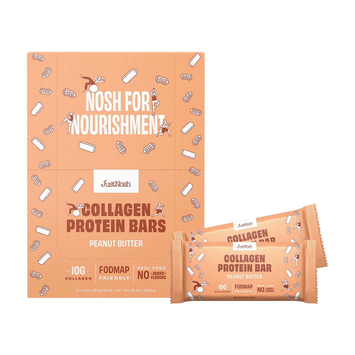 Justnosh ?P?Eanut Butter Collagen Protein Bars – 16G Protein, 10G Collagen | Gluten & Dairy Free, Low Fodmap, Seed Oil Free (12 Pack)