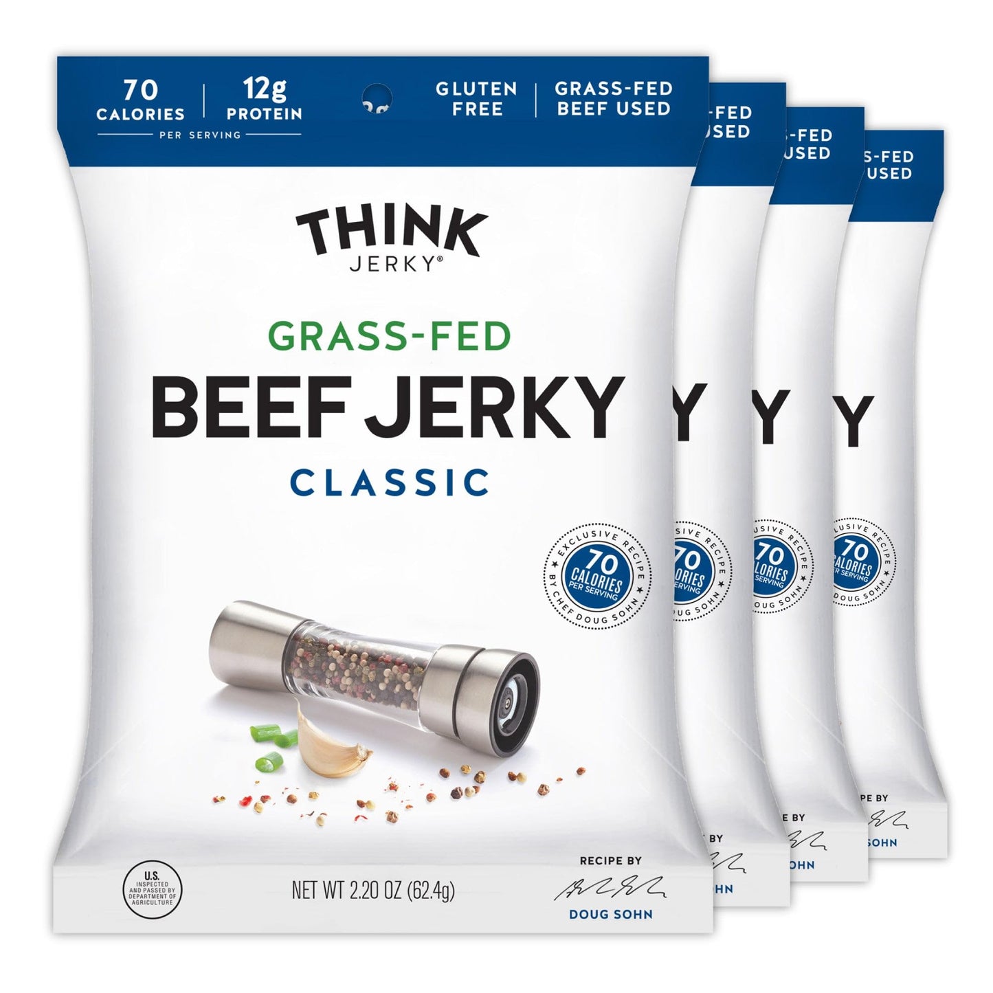 Think Jerky Classic Beef Jerky, Gluten-Free, Grass-Fed, Low Calorie, 2.2 oz Bags, 4 Pack