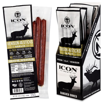 Icon Meats Venison And Pork Snack Sticks - Garlic Flavor - 6 Packs Per Box, 4 Sticks Per Pack, All Natural Jerky Meat Sticks, Us