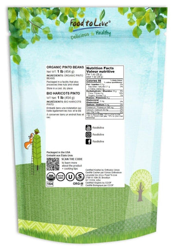 Food to Live Organic Pinto Beans, 1 Pound Non-GMO, Frijioles Pintos, Whole Dried Beans, Sproutable, Vegan, Kosher, Bulk. High in