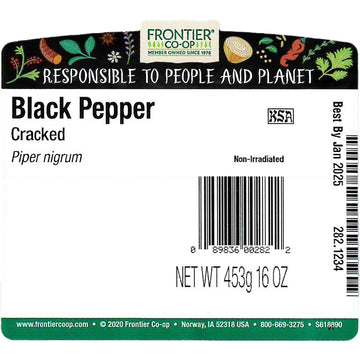 Frontier Co-op Pepper, Black Cracked, Kosher | 1 lb. Bulk Bag | Piper nigrum L.
