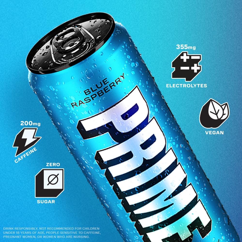 PRIME HYDRATION Energy Drink - Blue Raspberry, 200mg Caffeine, 355mg Electrolytes, Vegan, Gluten Free, 12 Fluid Ounce, 12 Pack