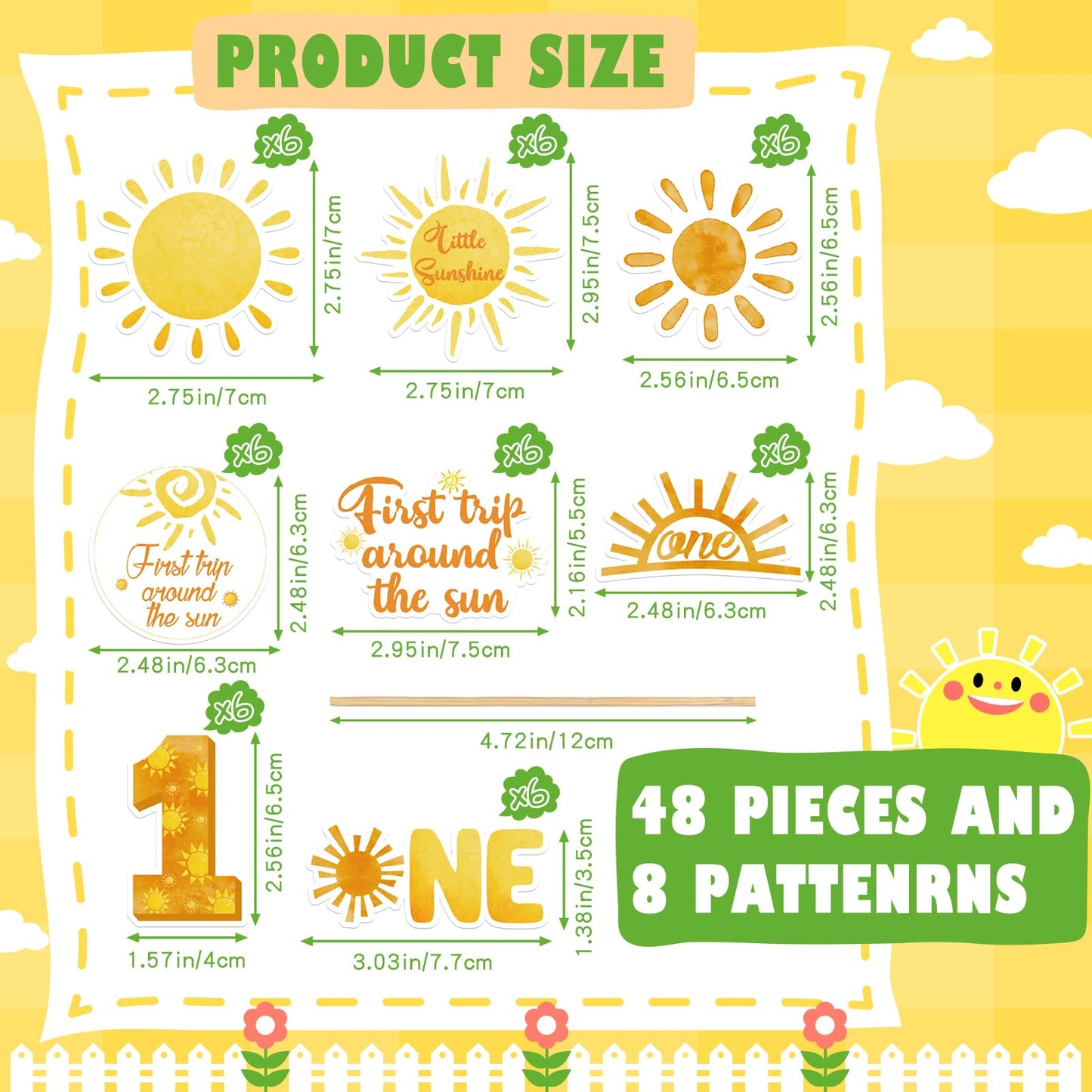 Weecent 48 Pcs First Trip Around The Sun Cake Topper, Sunshine Cupcake Toppers Sun Cupcake Toppers 1St Birthday Decorations For
