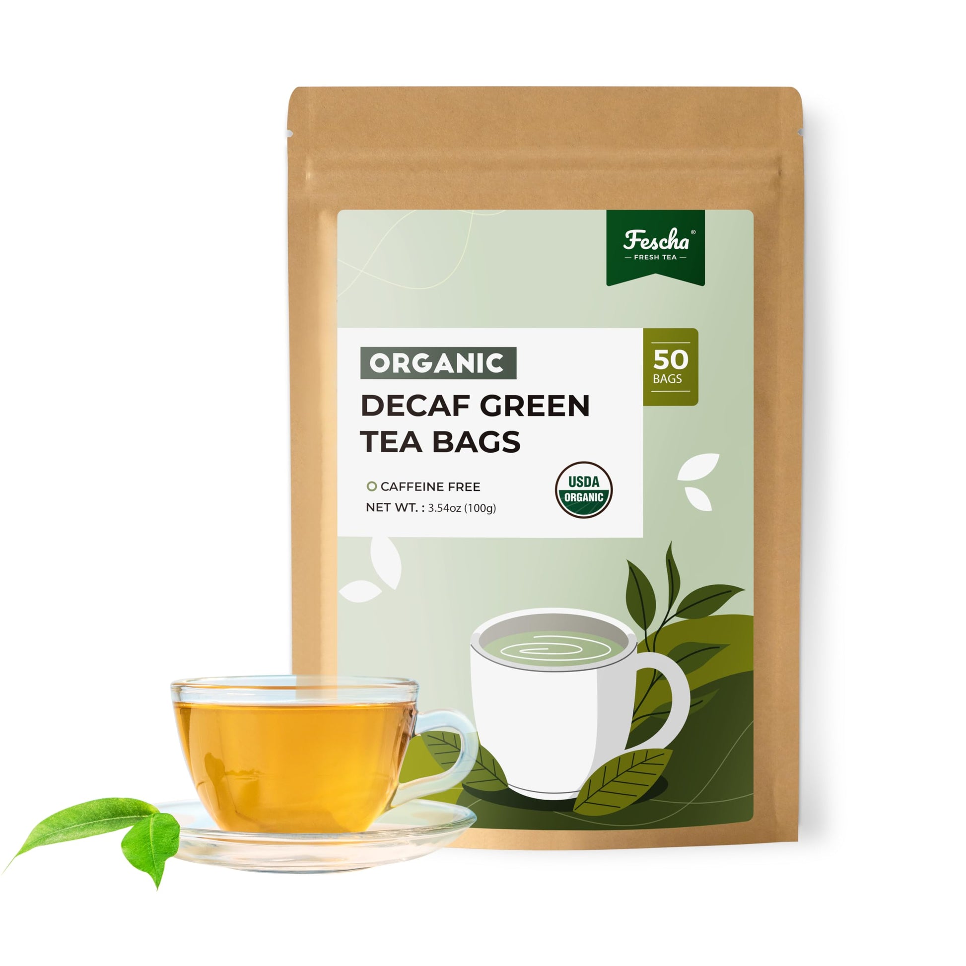 Fescha Organic Decaf Green Tea Bags, 2024 New Enhanced Organic Green Tea Decaffeinated, Usda Certified, Iced & Hot Tea, 50 Count