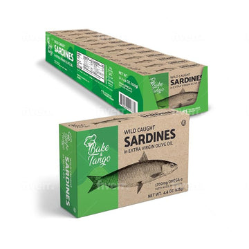 Bake and Tango - Sardines in Extra Virgin Olive Oil - 4.4oz (Pack of 12) | Rich in Omega-3, High-Protein, Wild-Caught, Non-GMO, 