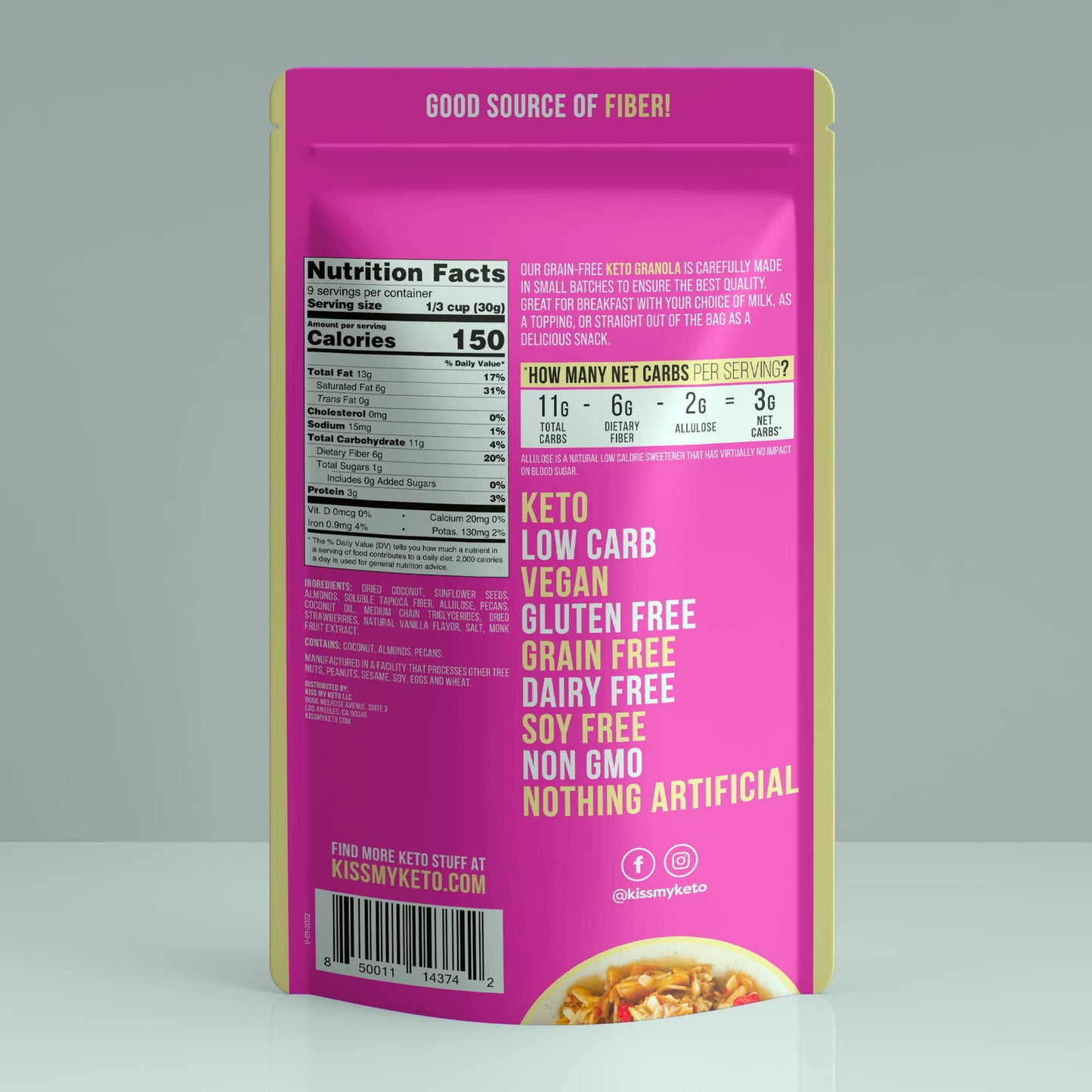 Kiss My Keto Granola Cereal - Strawberry Vanilla Keto Granola Low Carb Cereal (2G-Net) Low Sugar Granola (1G) - Grain Free Grano