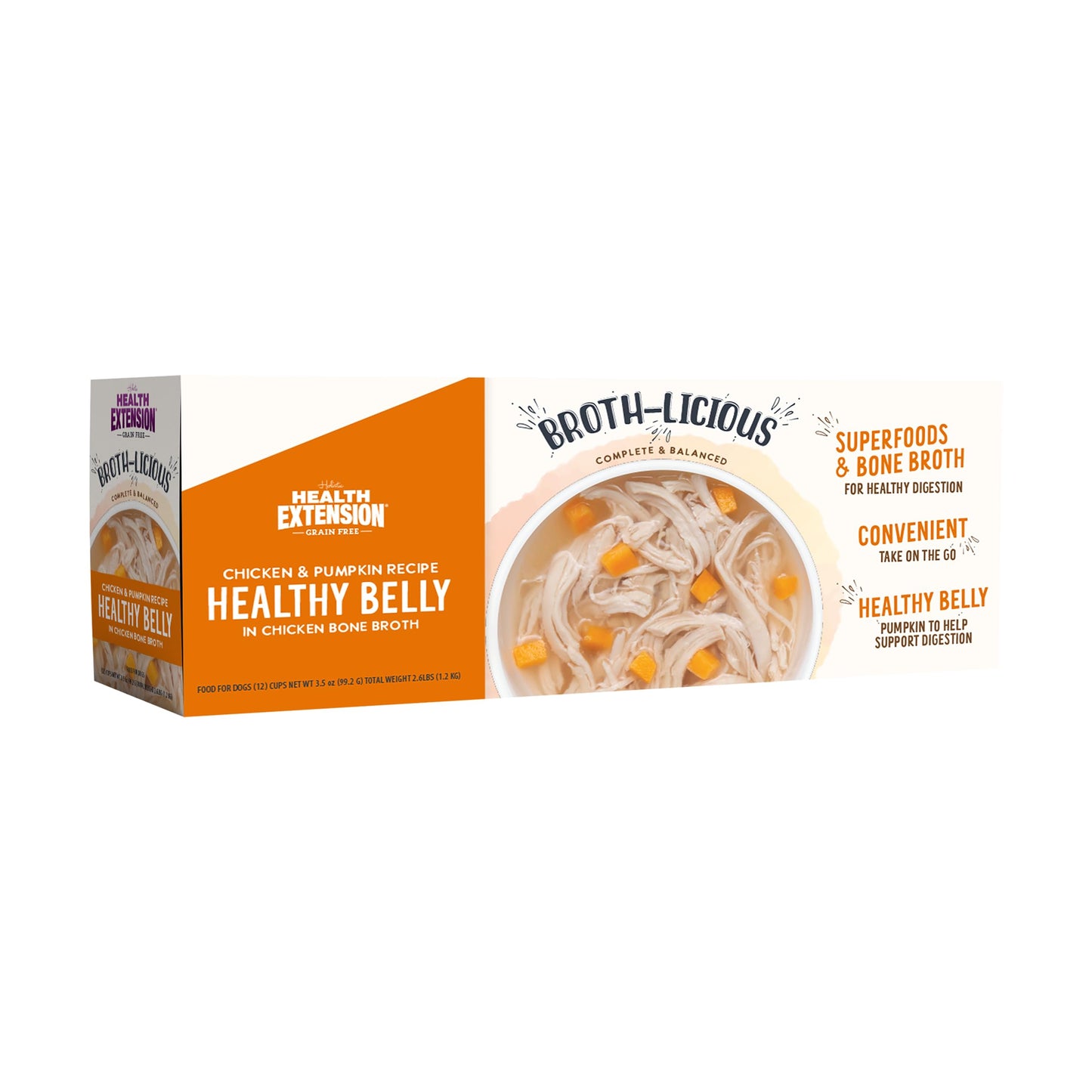 Health Extension Chicken & Pumpkin Bone Broth for Dogs, Grain-Free, 3.5 oz Cup, 12-Cup Box