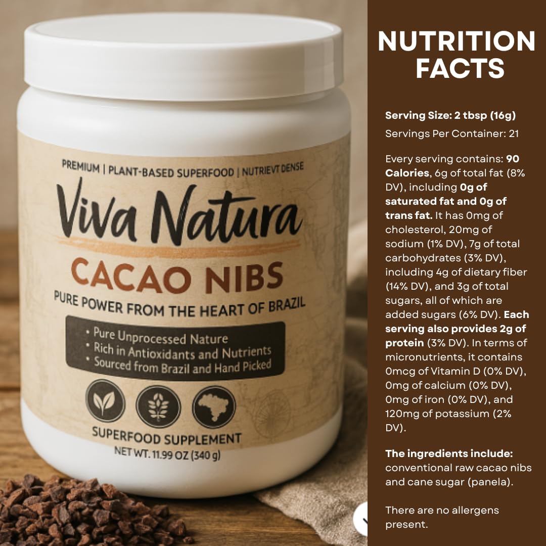 Viva Nativa Cacao Nibs – Enhanced Raw Superfood From Brazil, Rich In Antioxidants & Magnesium – Keto, Paleo, Vegan, Gluten-Free – Great For Smoothies, Baking & Snacks (12Oz) (1Pack, 12.0, Ounce)