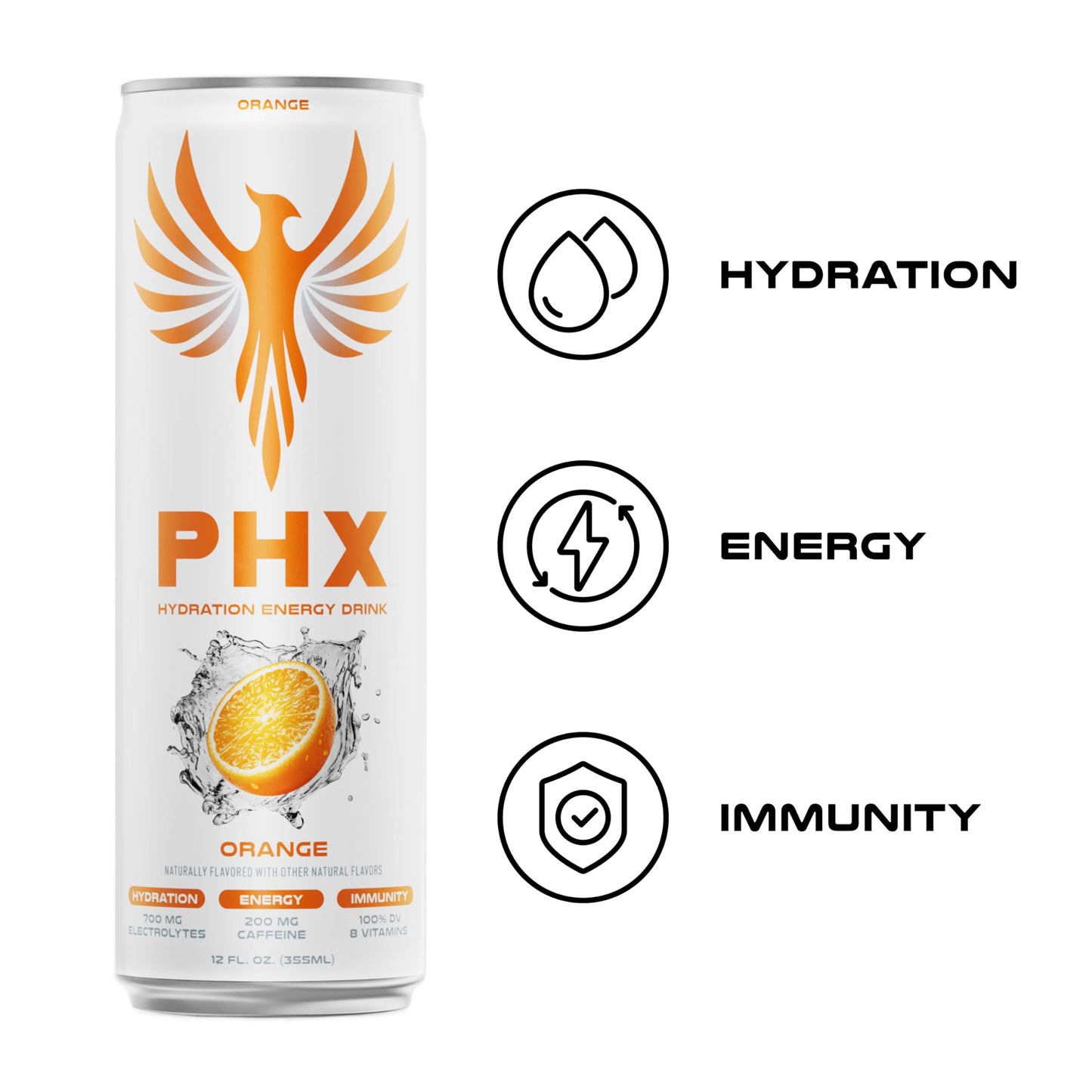PHX Hydration Energy Drink - 700mg Electrolytes  200mg Natural Green Tea Caffeine  100% Daily Value 8 Essential Vitamins - 12 oz Cans (12 Pack) (12 Pack  Orange)