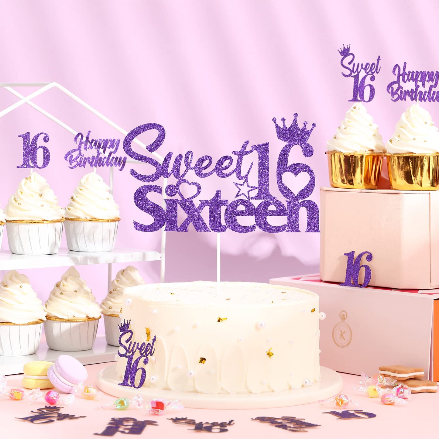 Joymemo 25 Pack 16Th Birthday Cake Decorations Purple, Sweet 16 Sixteen Cake Topper, Happy Birthday Sweet 16 Cupcake Toppers For