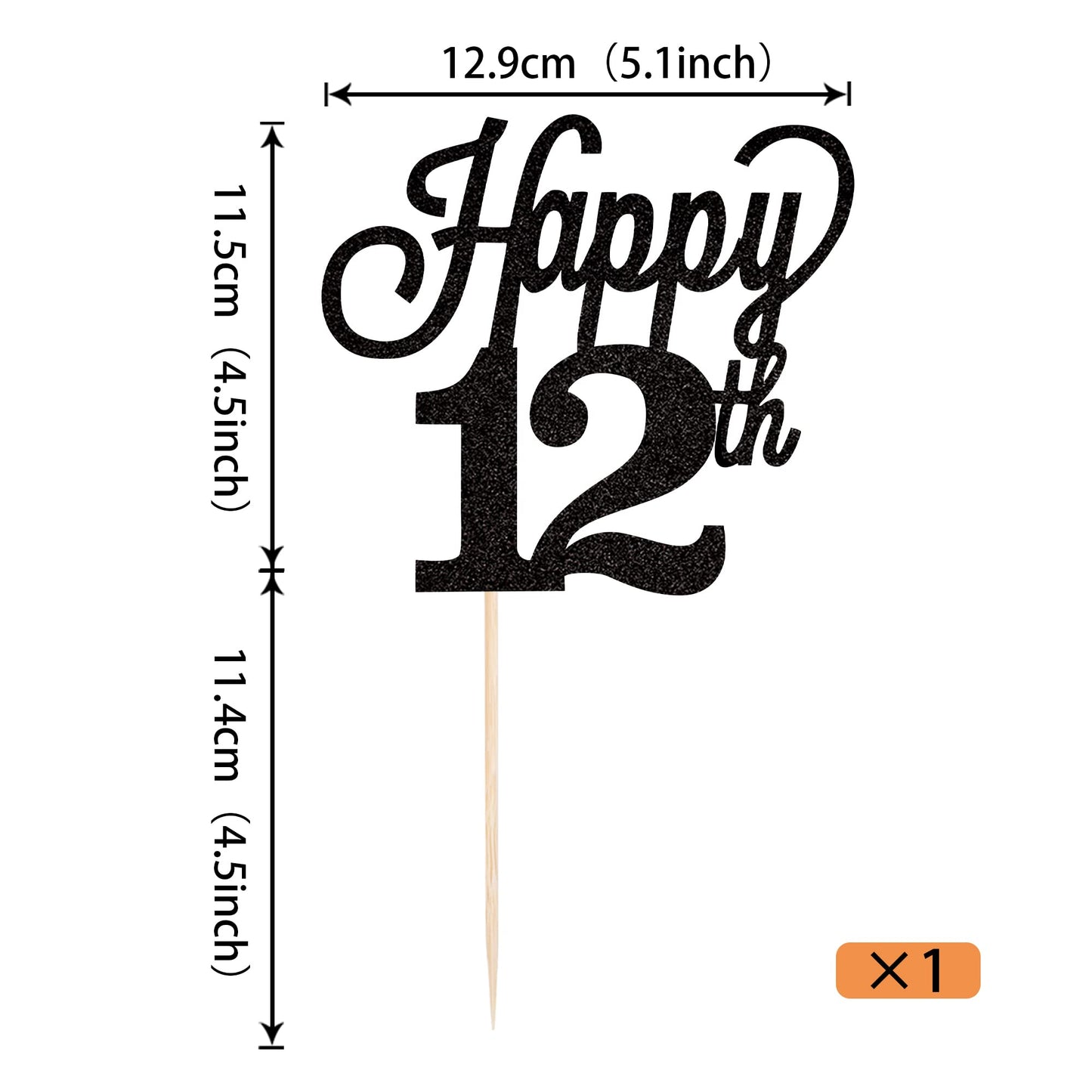 YCTHUNFISH Cake Topper Black Glitter Number 12 for 12th Birthday, Wedding Anniversary, Bamboo Material