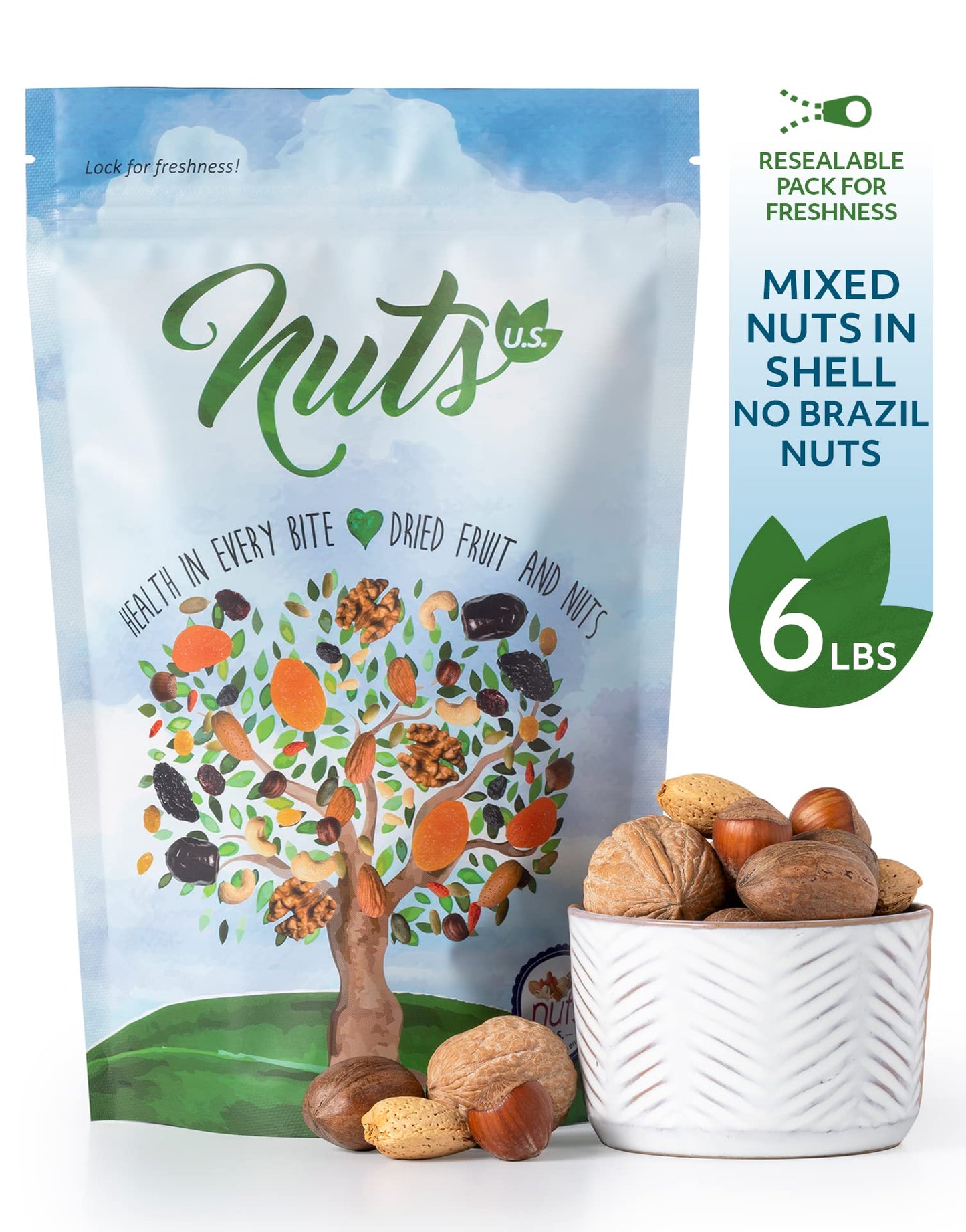 NUTS U.S. Mixed Nuts In Shell, Almonds, Walnuts, Hazelnuts, Pecans, 6 lbs, No Added Colors or Flavors, Resealable Bag