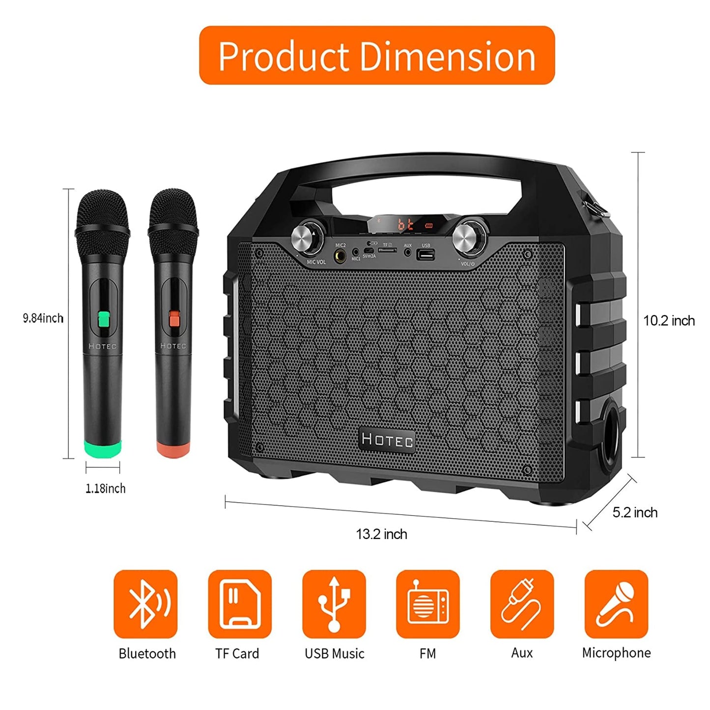 Hotec Wireless Bluetooth Portable Pa Speaker System, Powerful Bluetooth Karaoke Machine With Dual Wireless Microphones For Karao