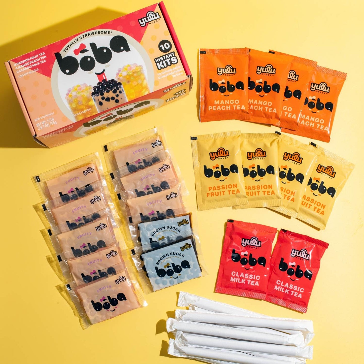Boba Bundle Kit 10 Serv. Instant Bubble Pearl Variety Milk Tea Kit With Authentic Brown Sugar Tapioca Pearls By Yulu Foods - Rea