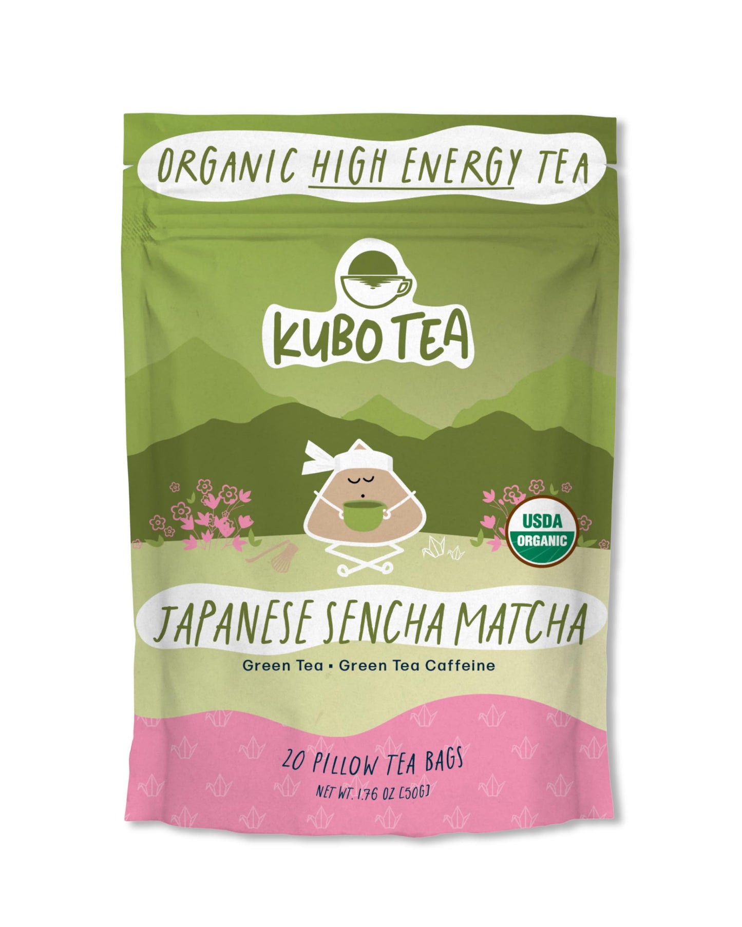Kubo Tea Japanese Sencha Matcha - Organic High Caffeine Tea Bags - 20 Biodegradable Pillow Bags (140mg Caffeine Each)