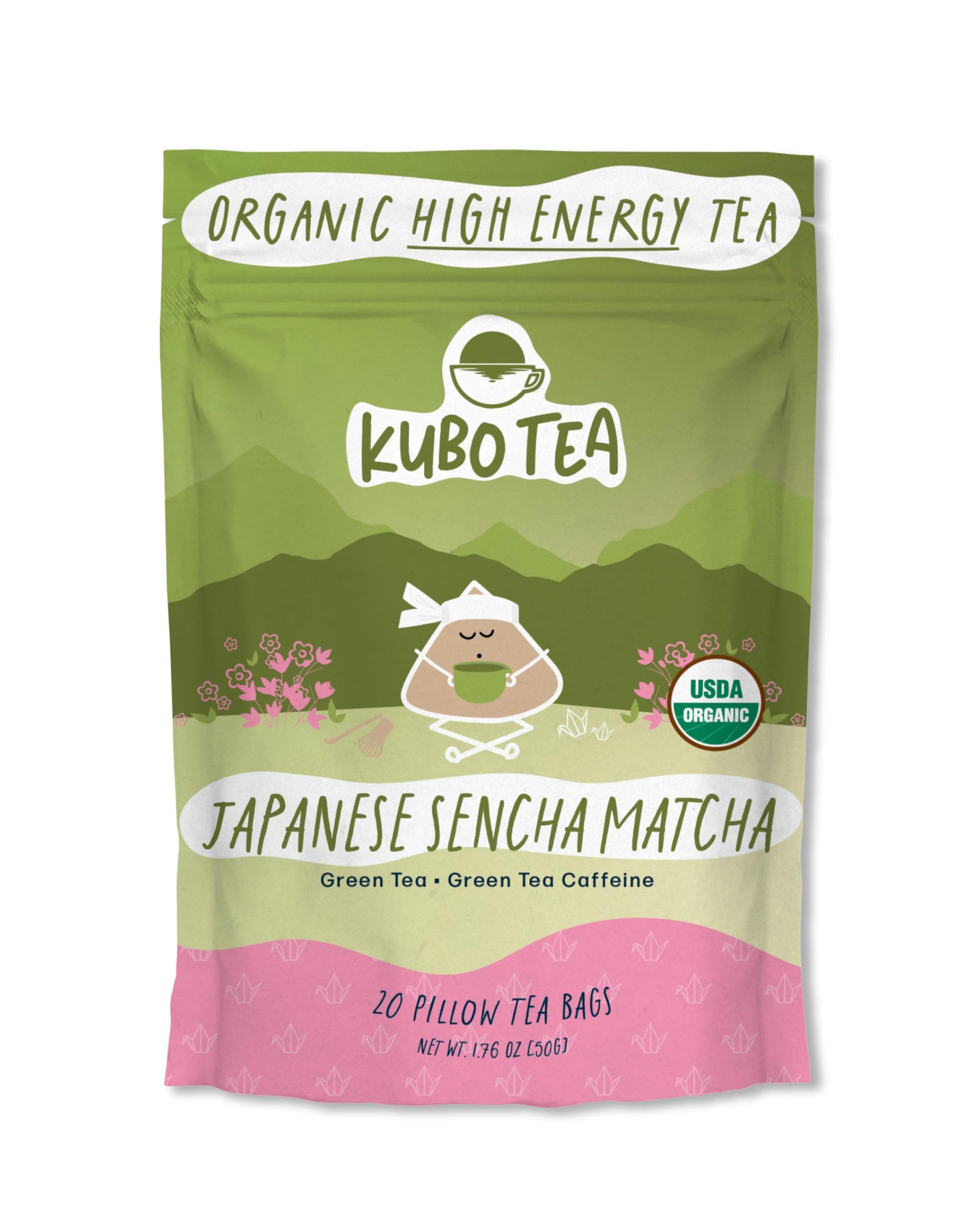 Kubo Tea Japanese Sencha Matcha - Organic High Caffeine Tea Bags - 20 Biodegradable Pillow Bags (140mg Caffeine Each)