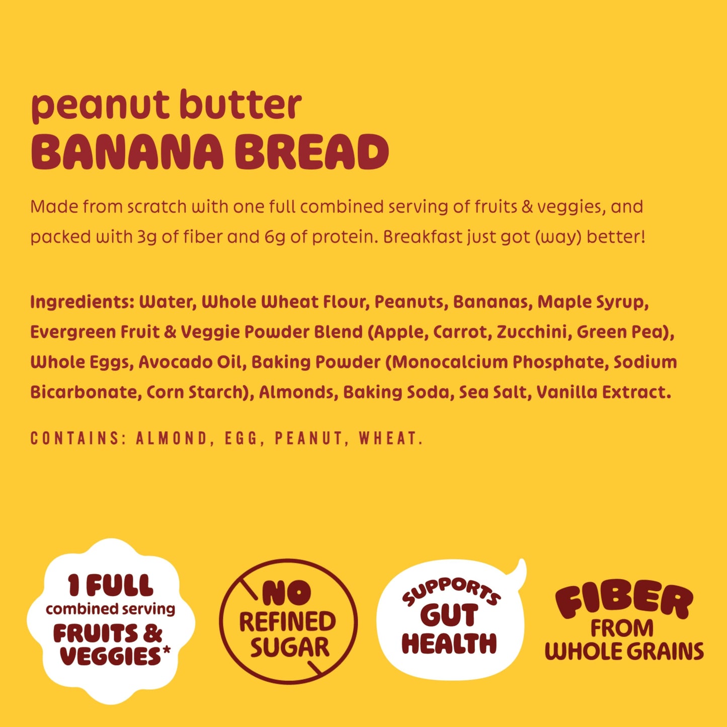 Evergreen Peanut Butter Banana Bread Waffles, 100% Whole Grain, 1 Full Combined Serving of Fruits & Veggies, Supports Gut Health