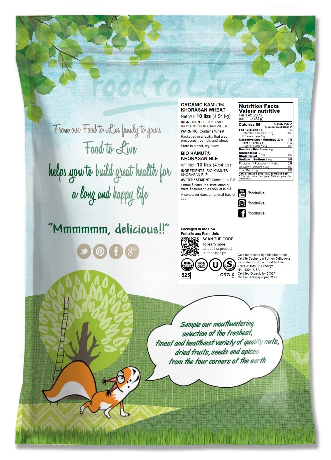 Food to Live Organic KAMUT Khorasan Wheat Berries, 10 Pounds - 100% Whole Grain, Sproutable for Wheatgrass, Non-GMO, Kosher, Bul