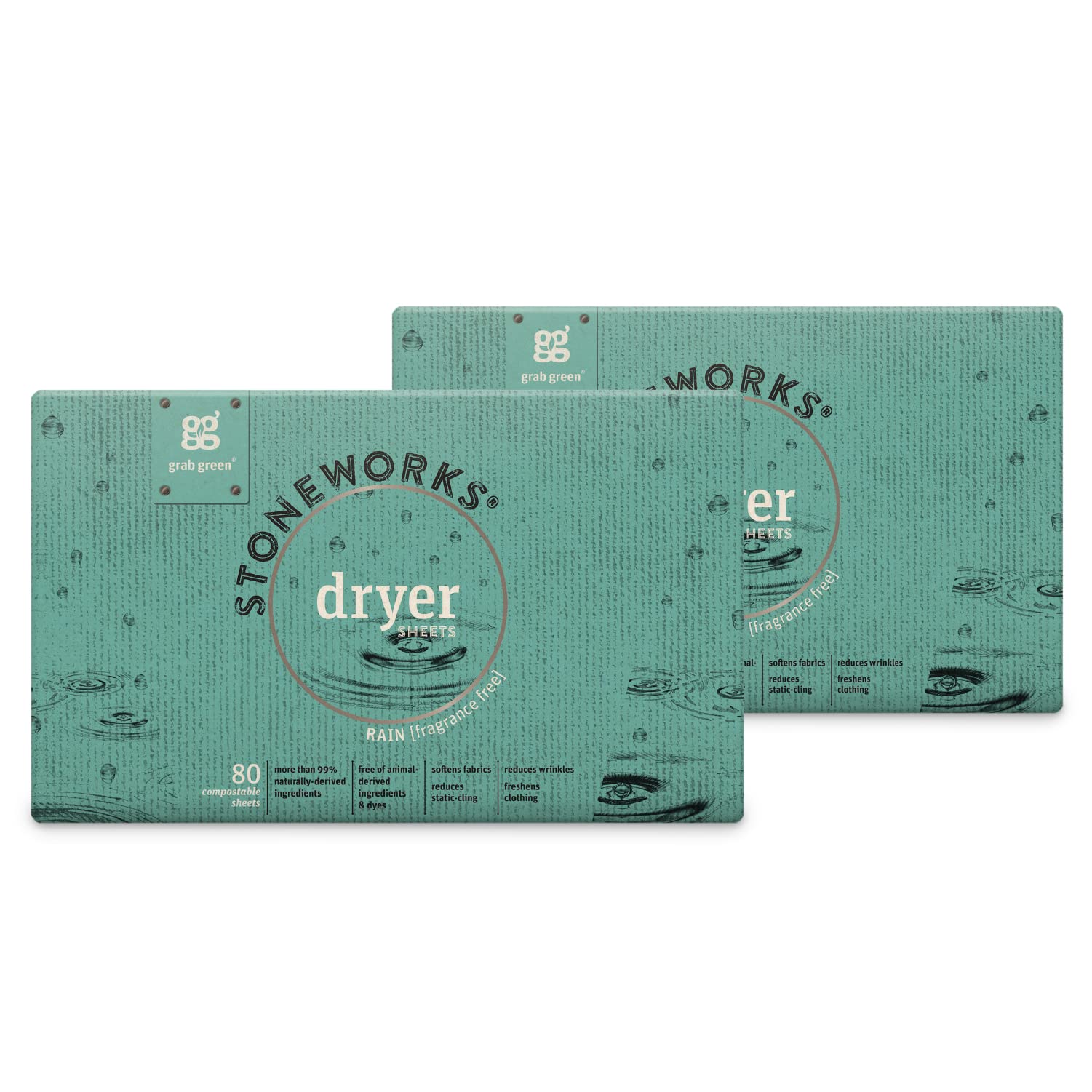 Grab Green Stoneworks Dryer Sheets, 160 Sheets, Fragrance Free Rain Scent, Plant And Mineral Based, Softens Fabrics, Reduces Sta