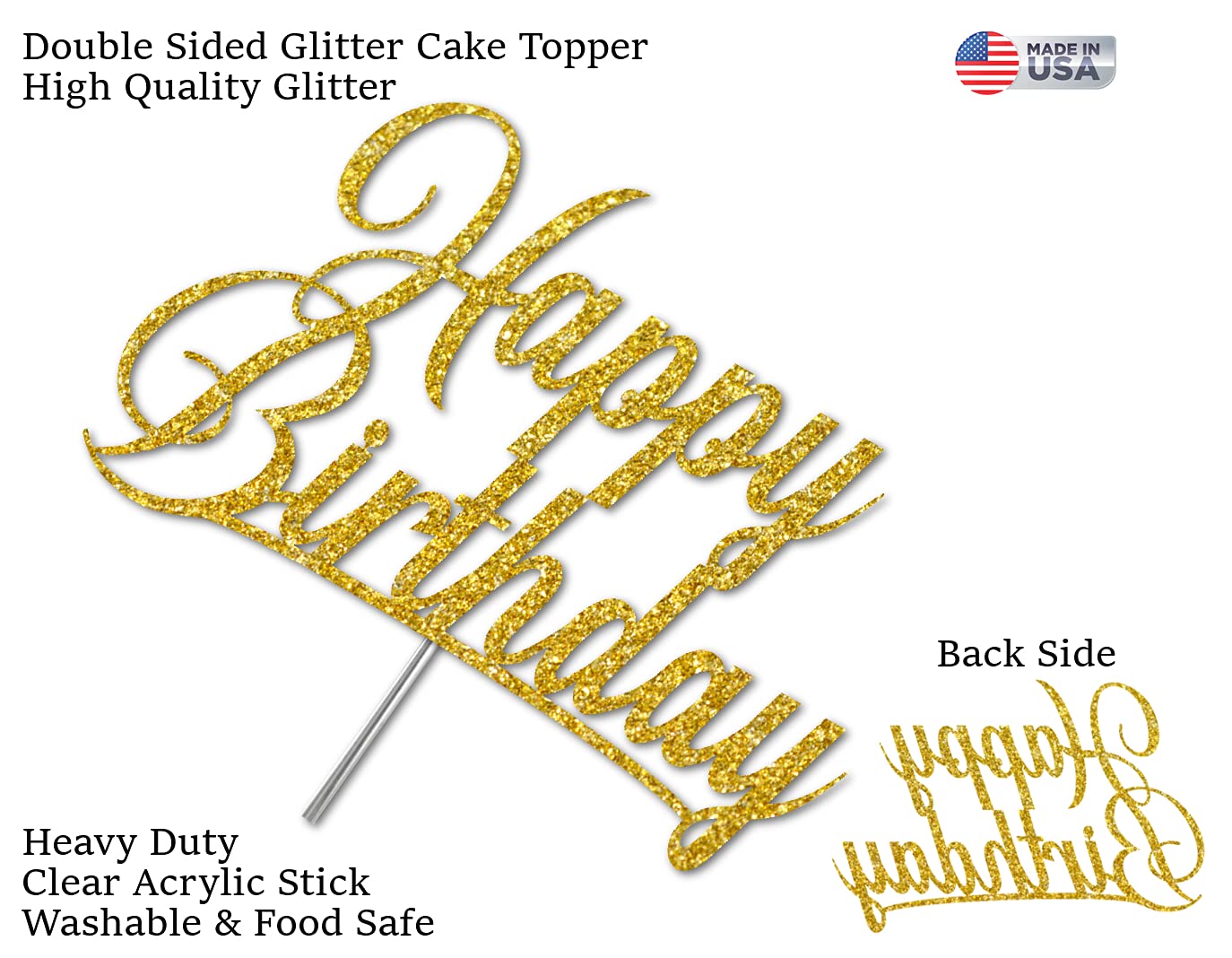 RokAPary Happy Birthday Glitter Cake Topper, Acrylic, Double-Sided, Gold
