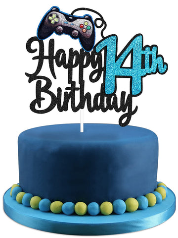 Video Game Happy 14Th Birthday Cake Topper - Video Game Boy'S 14Th Birthday Party Blue Cake Supplies - Game On Level Up Winner P