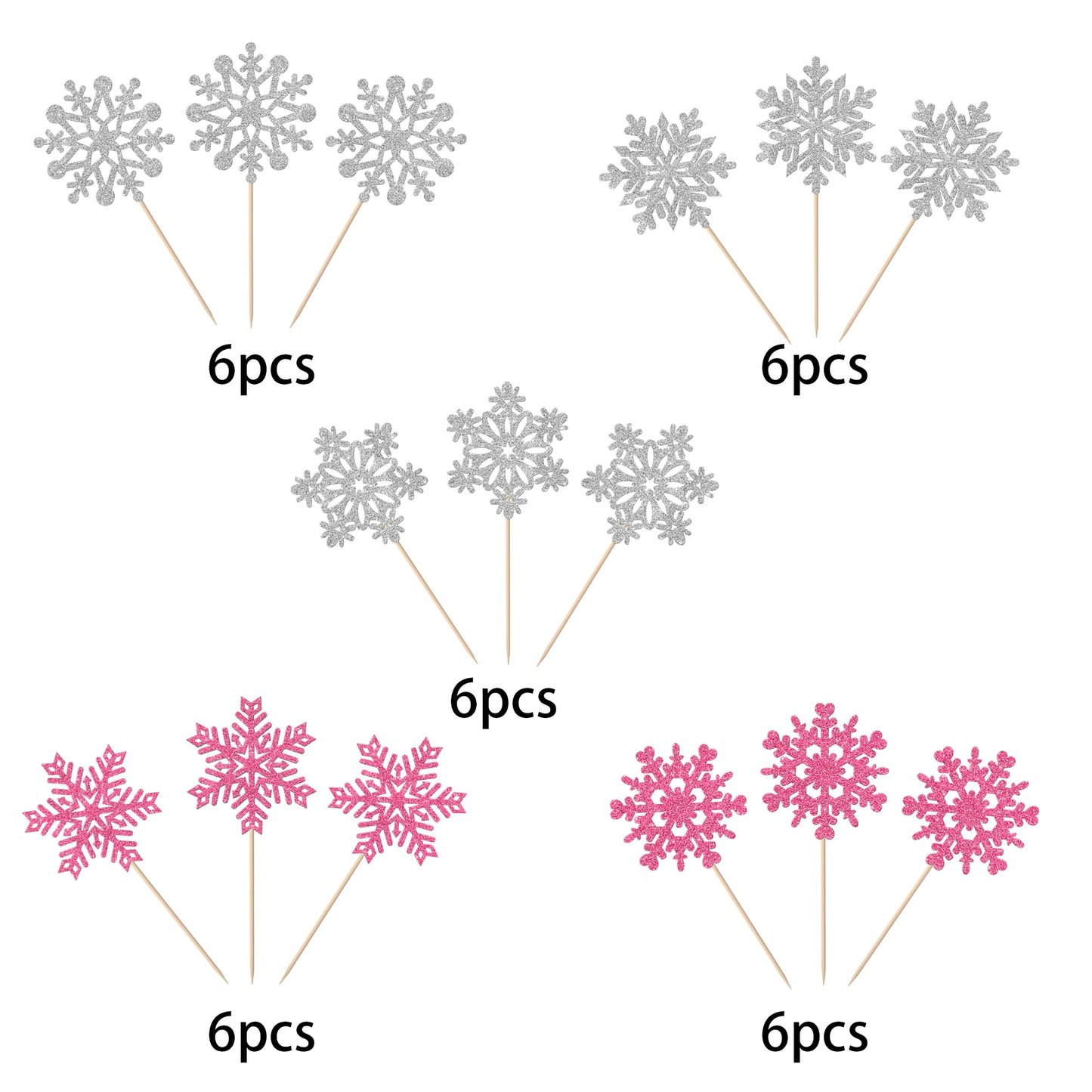 YCTHUNFISH 30 Pack Snowflake Cupcake Toppers, Glitter Paper Decorations, Winter Theme, Pink