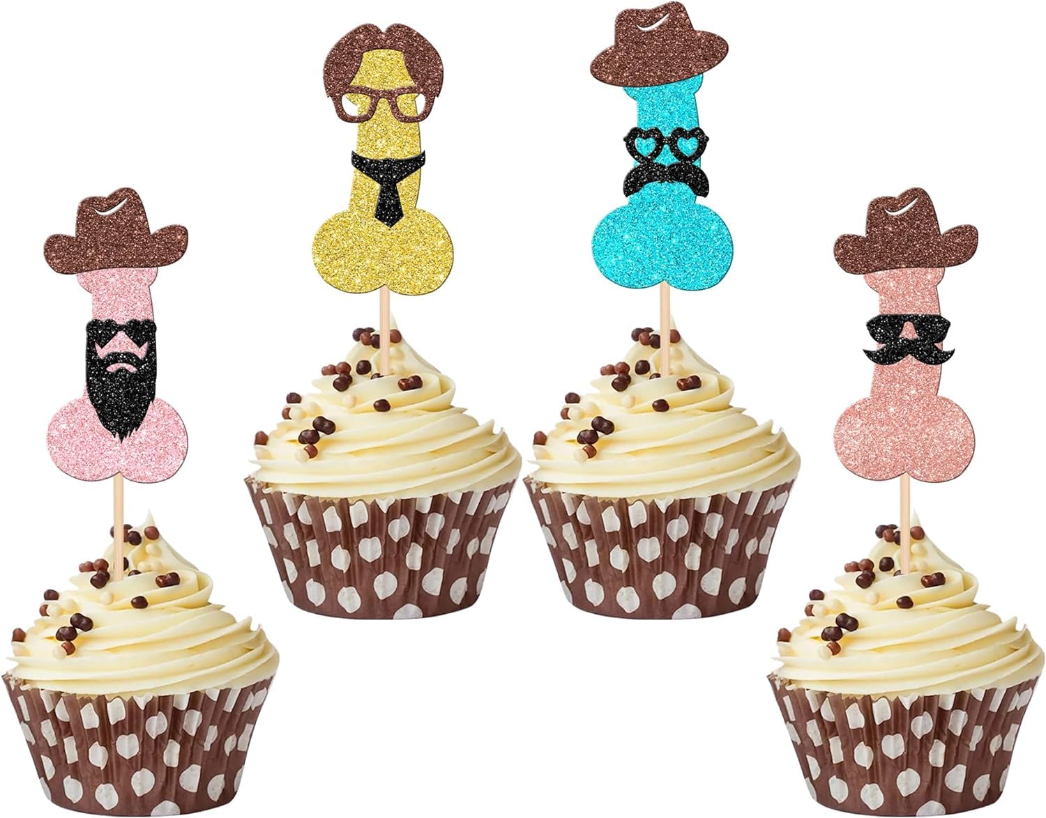 Rsstarxi Cupcake Toppers 24 Pack Glitter Beard Hat for Bachelor Party, Wedding, Bachelorette, Bridal Shower - Design 4, Paper