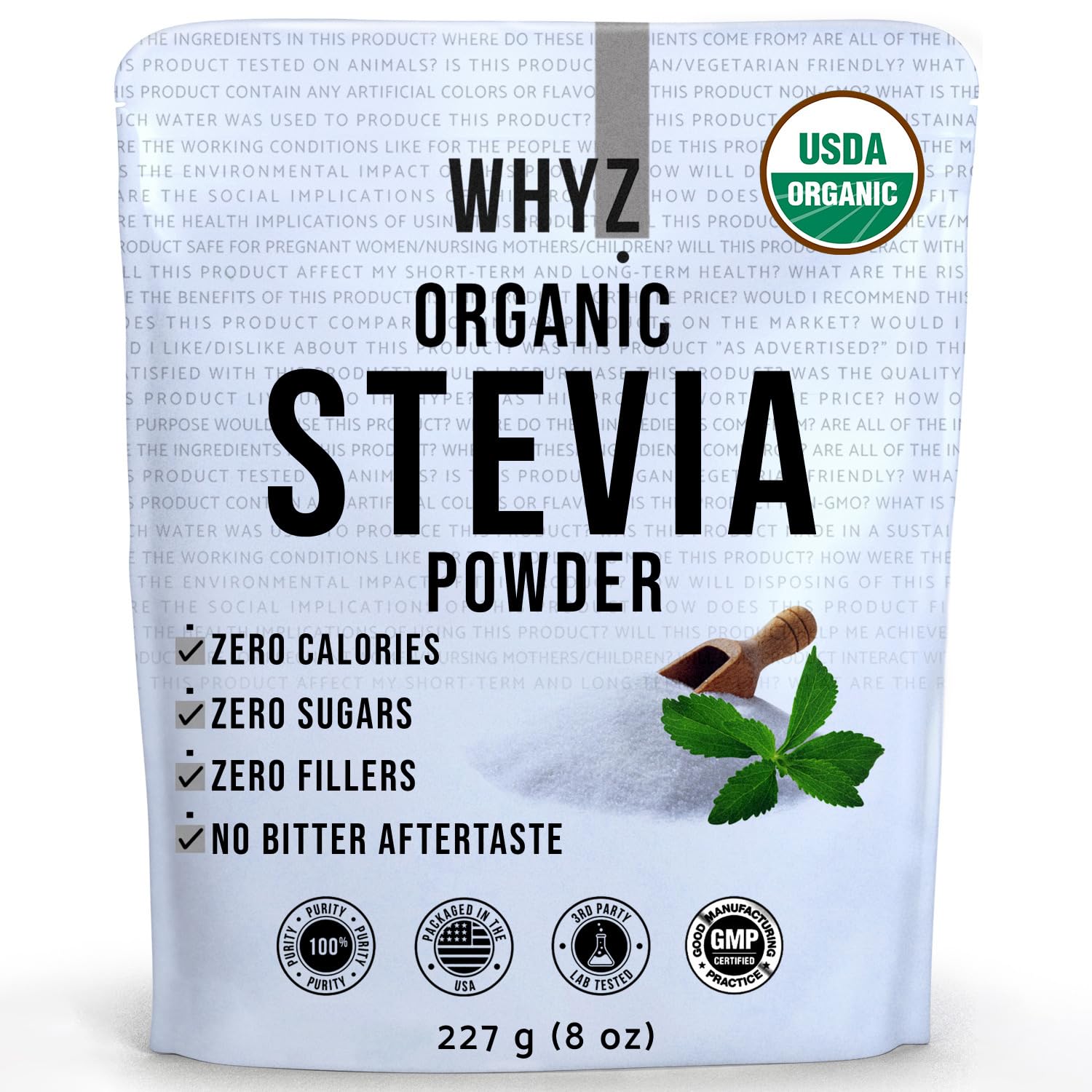 WHYZ Organic Stevia Powder, Zero Calorie Sweetener, Non-GMO, Keto Friendly, 8 oz