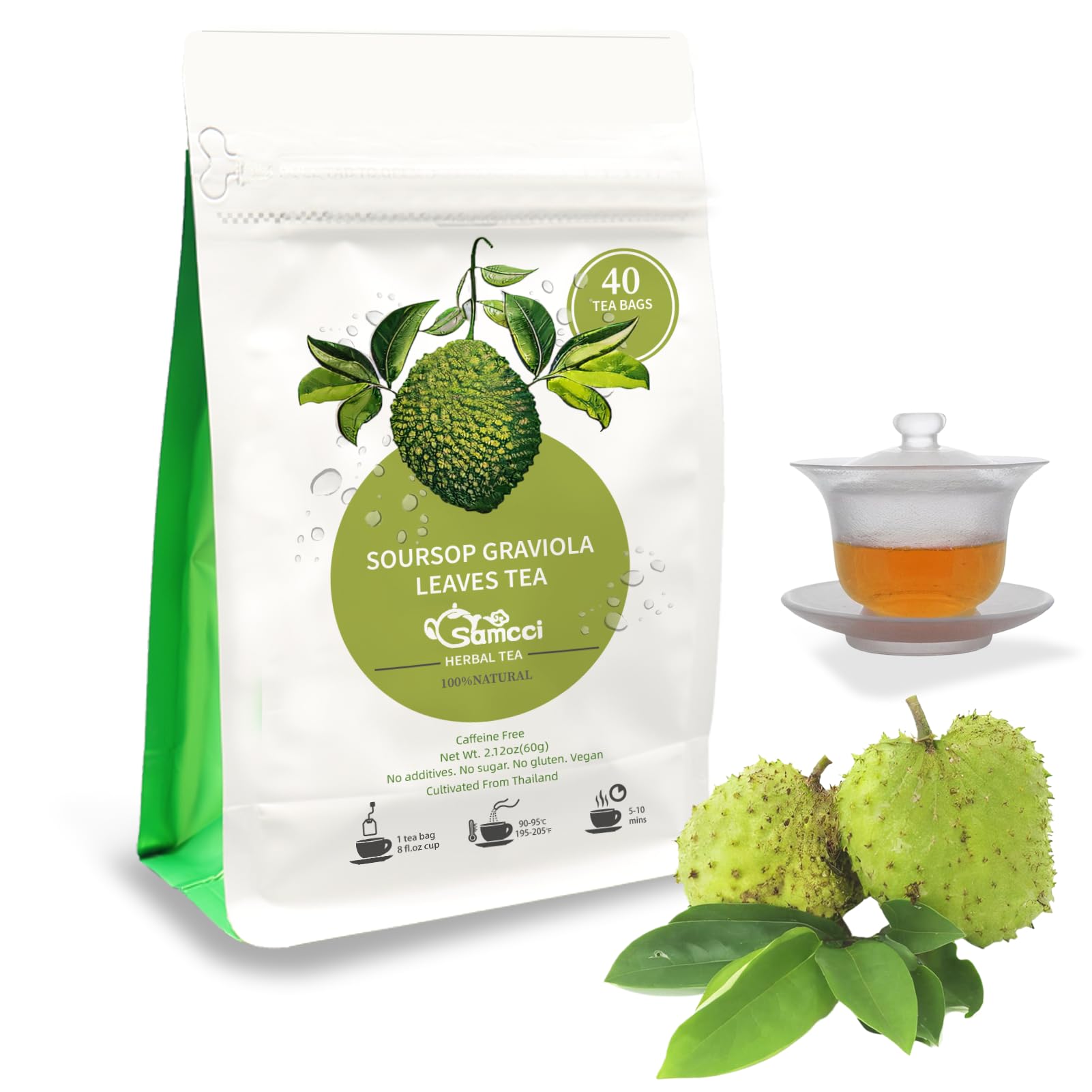 SAMCCI Soursop Leaves Tea Bags - 40 Count, 1.5g/bag, Non-GMO, Caffeine-Free, Pure Graviola Tea for Digestive and Skin Health