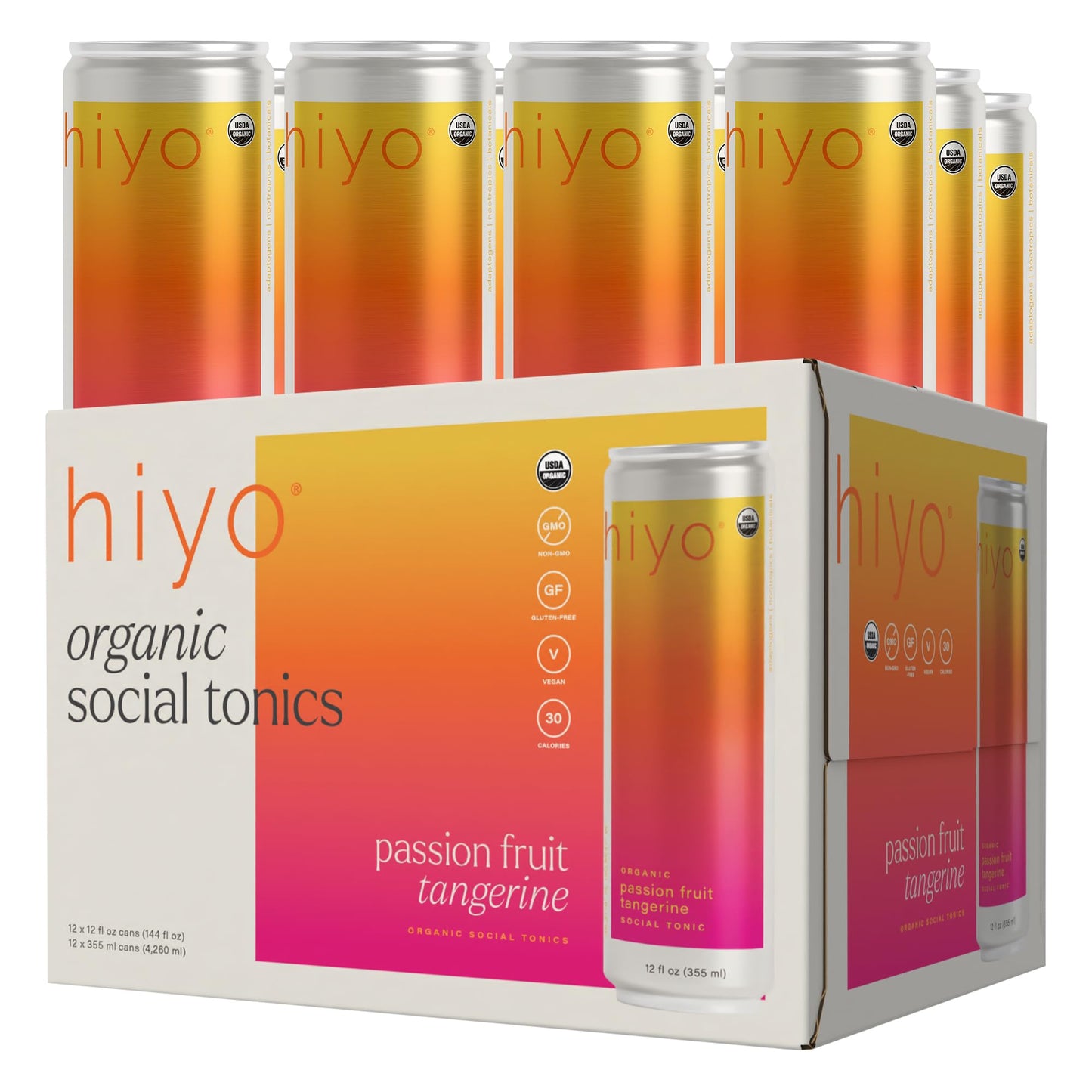 Hiyo Organic Social Tonic- Passion Fruit Tangerine  12 Pack - N.A. Functional Seltzer  Sparkling Water Crafted with Organic Adaptogens  Nootropics  & Botanicals