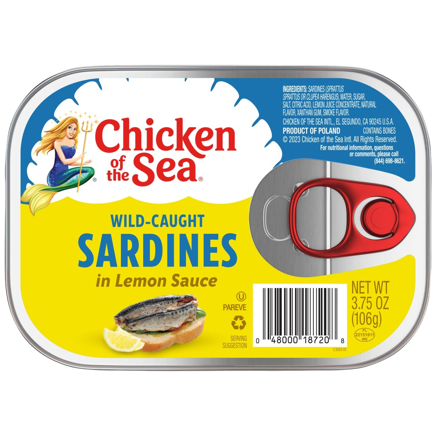 Chicken of the Sea Sardines in Lemon & Olive Oil, Wild Caught, 3.75 oz Can, Pack of 18