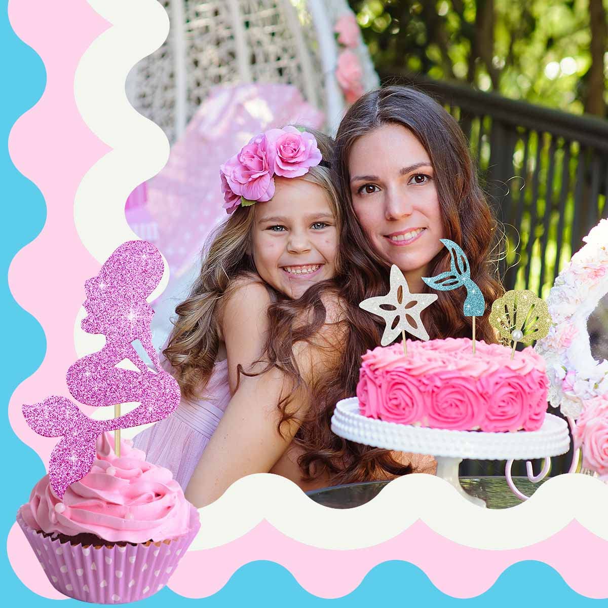 28 Pcs Glitter Mermaid Cupcake Toppers Mermaid Theme Birthday Party Supplies Under The Sea Party Favors Mermaid Starfish Shell M