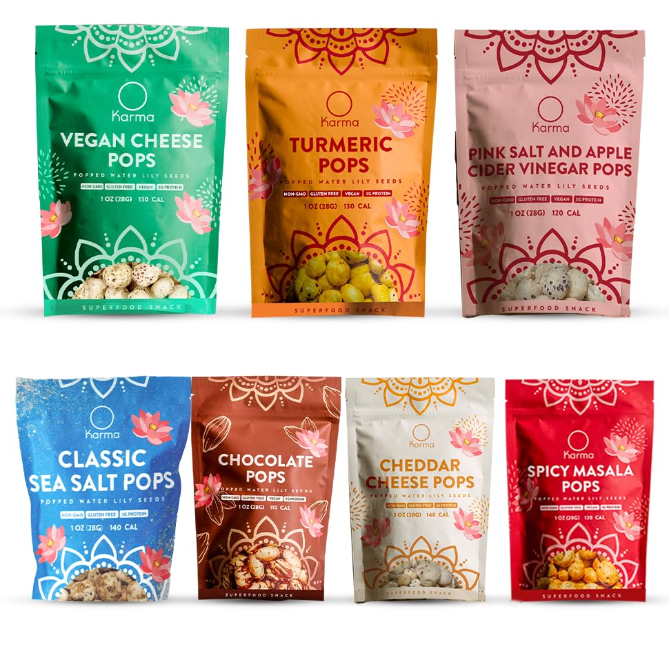 Karma Variety Popped Water Lily Seeds (Makhana) - 7 Flavor Variety Pack | Plant Based High Protein Gluten-free Nutritious Crunch