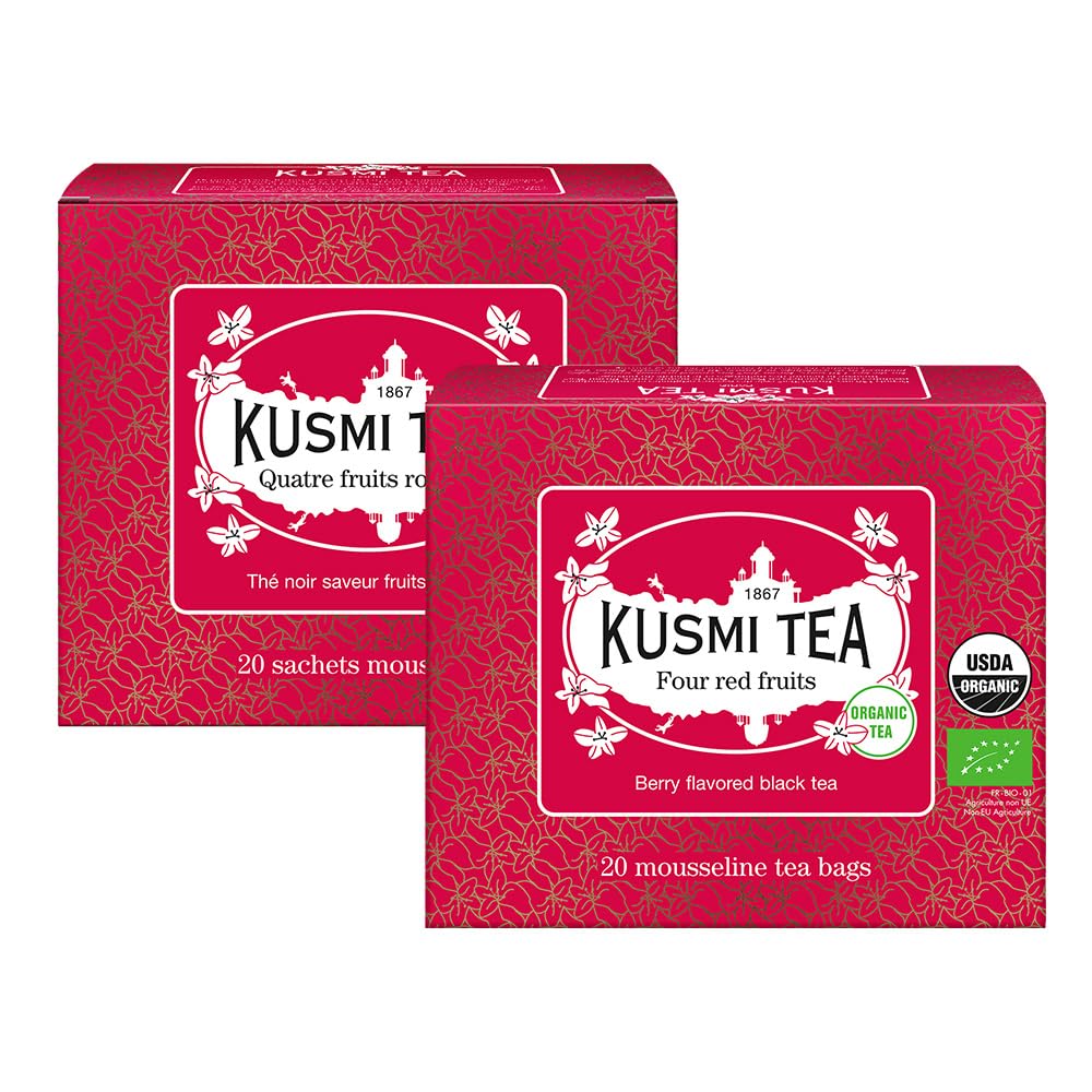 Kusmi Tea - Pack of 2 Boxes of Tea Bags - Four Red Fruits - Organic Black Tea - Flavored with Strawberries, Raspberries, Redcurr