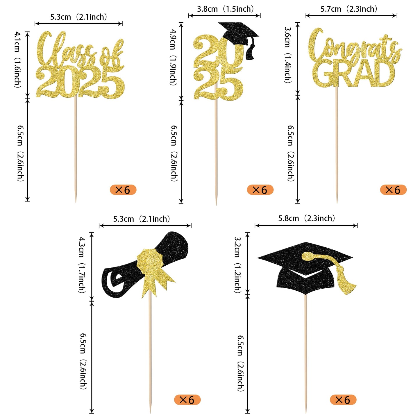 YCTHUNFISH 30 Pack Graduation Cupcake Toppers, Black Gold Glitter, Bamboo Picks for Class of 2025 Party Decorations