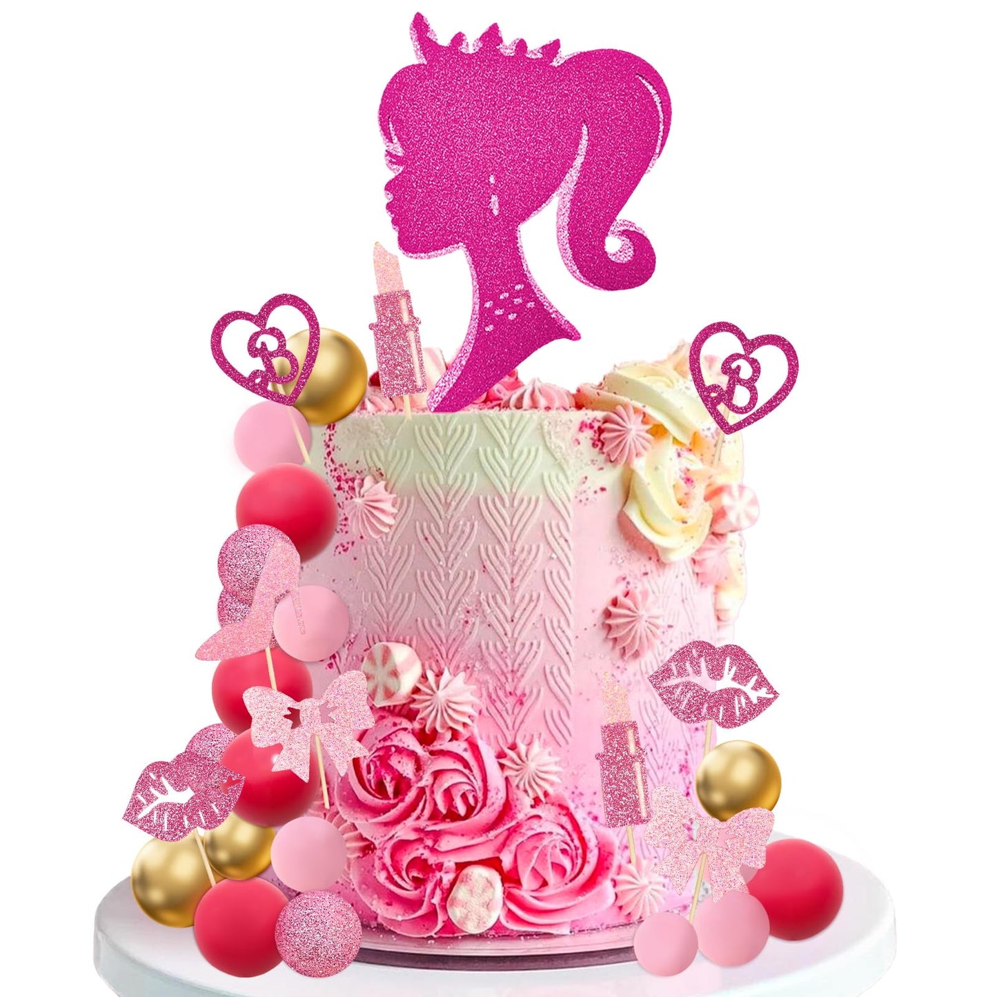 Memovan Hot Pink Girl Cake Topper 31Pcs -Princess Makeup Cake Topper Decoration With Pink Gold Ball Glitter High Heel Lipstick L