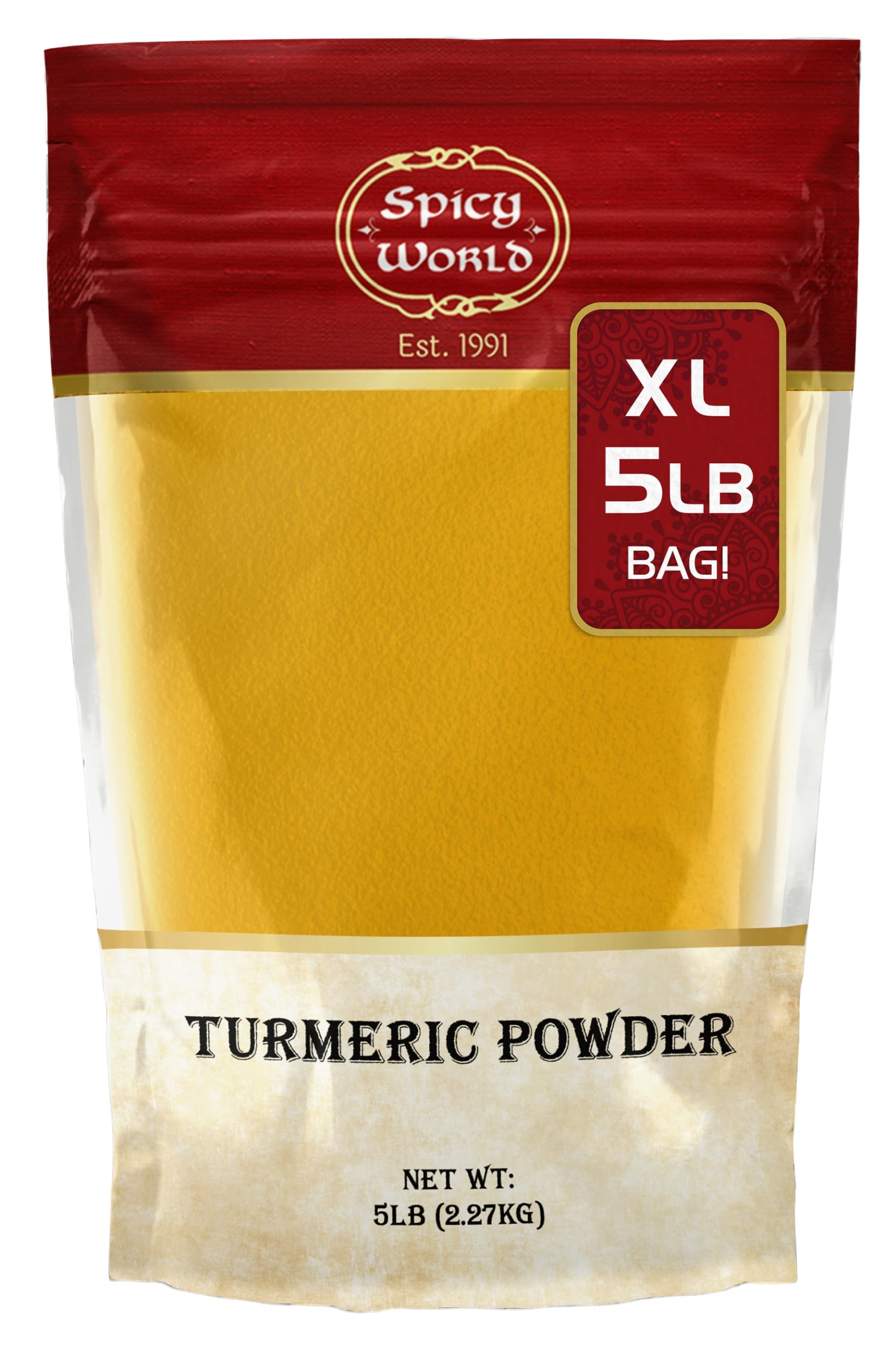 Spicy World Turmeric Powder 5 Pound Bulk Bag - Indian Turmeric Root Ground (Haldi) - Minimum Curcumin 2.5%