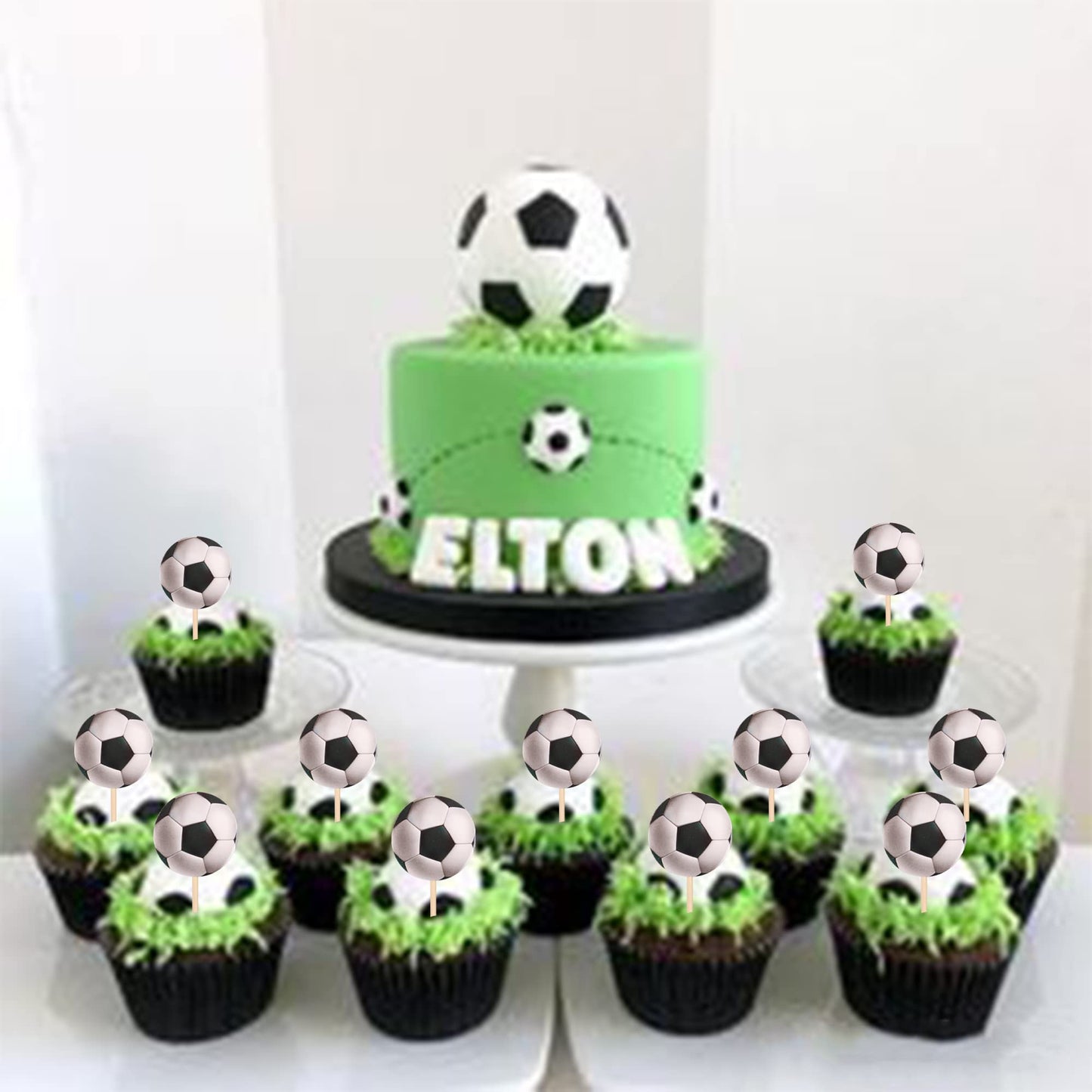 YCTHUNFISH 24 Pack Soccer Ball Cupcake Toppers Sports Theme Small Food Picks for Baby Shower Birthday Party Decorations
